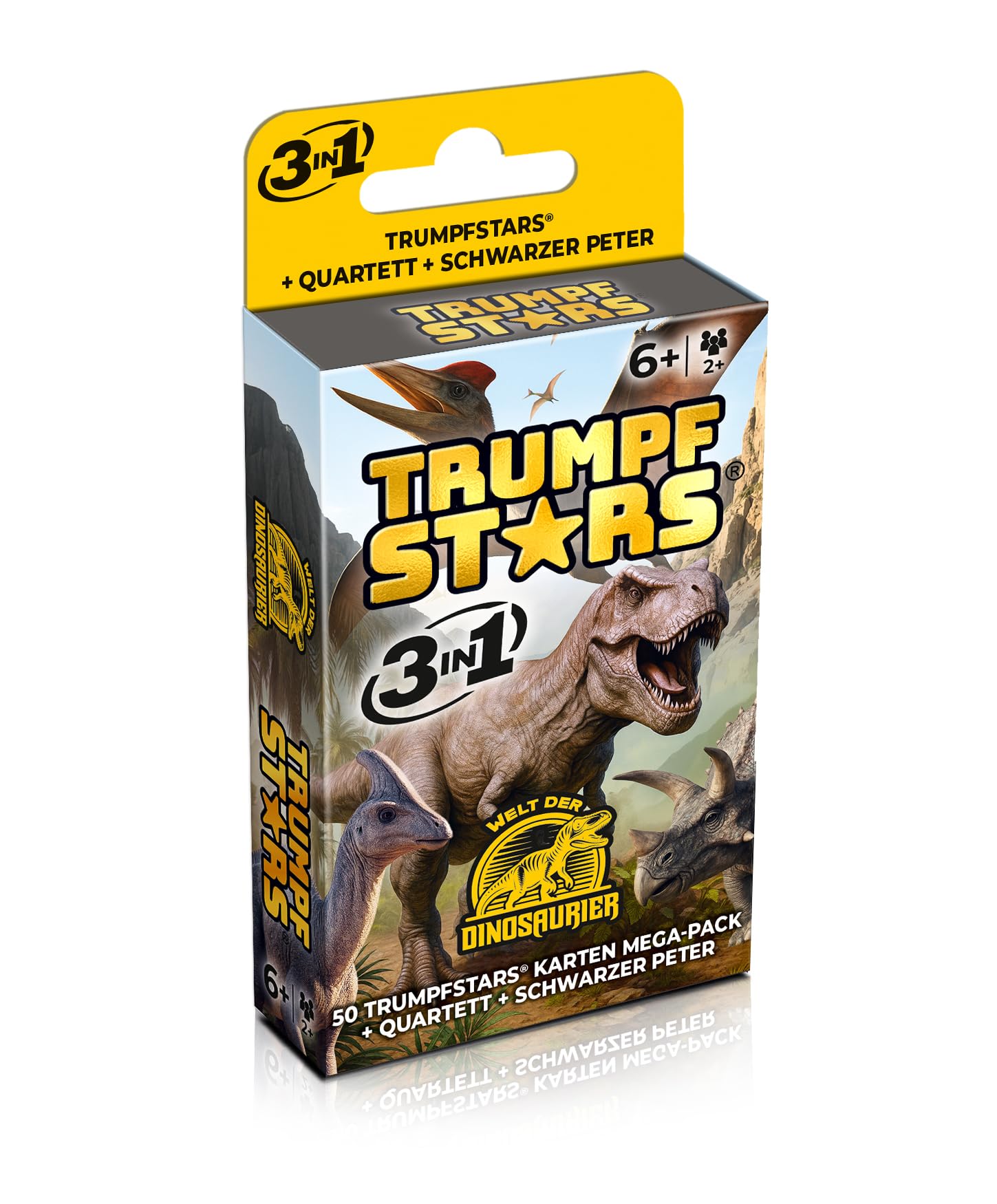 Trumpfstars Welt der Dinosaurier – 3in1 Kartenspiel - 50 Spielkarten mit echten Dino-Fakten – Trumpfspiel, Quartett & Schwarzer Peter – Lernspiel ab 6 Jahren, nachhaltig & ideal für unterwegs