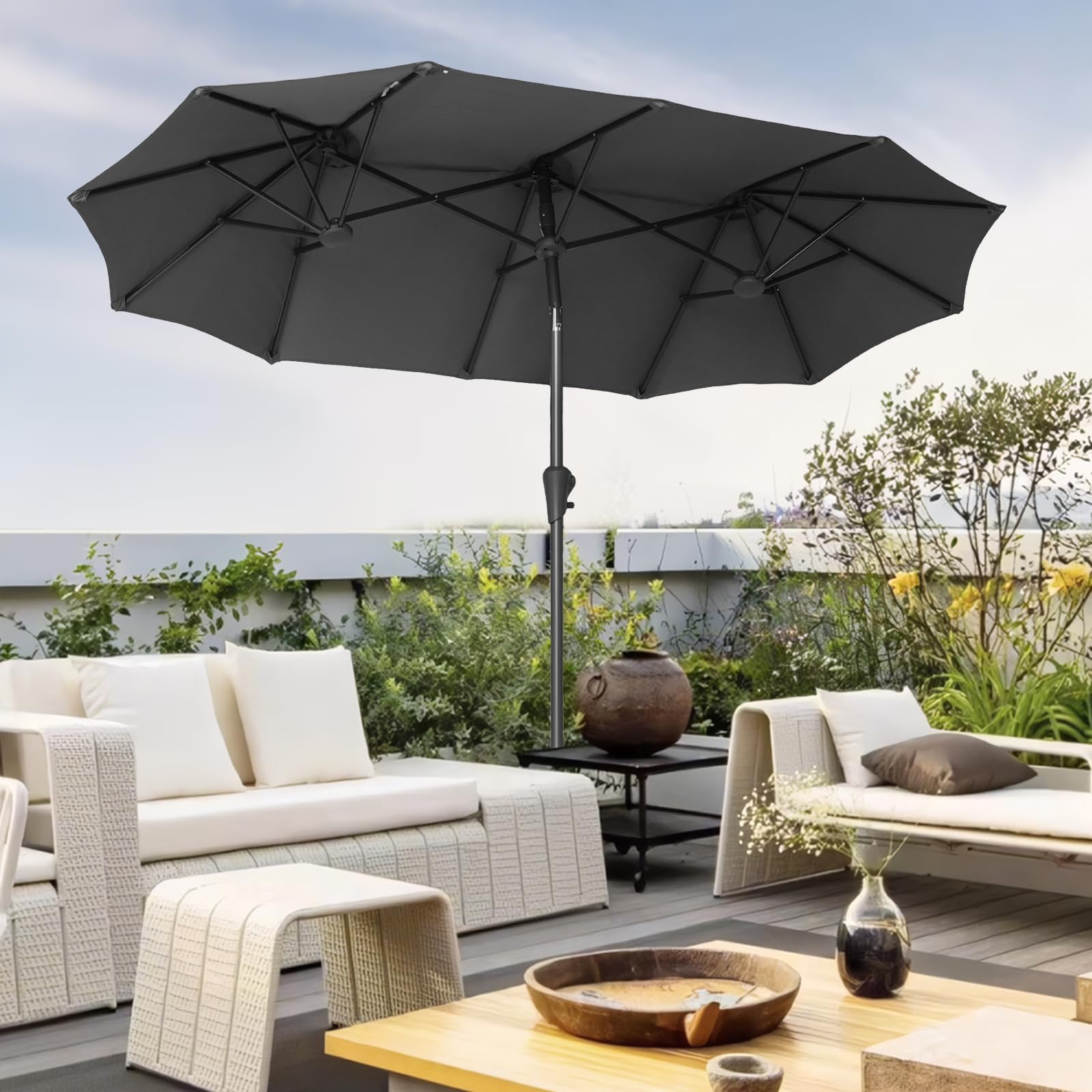 Sekey Doppelsonnenschirm mit Kurbel, UPF 50+ Sonnenschutz, XXL Garten-Sonnenschirm für Terrasse, Balkon, Strand