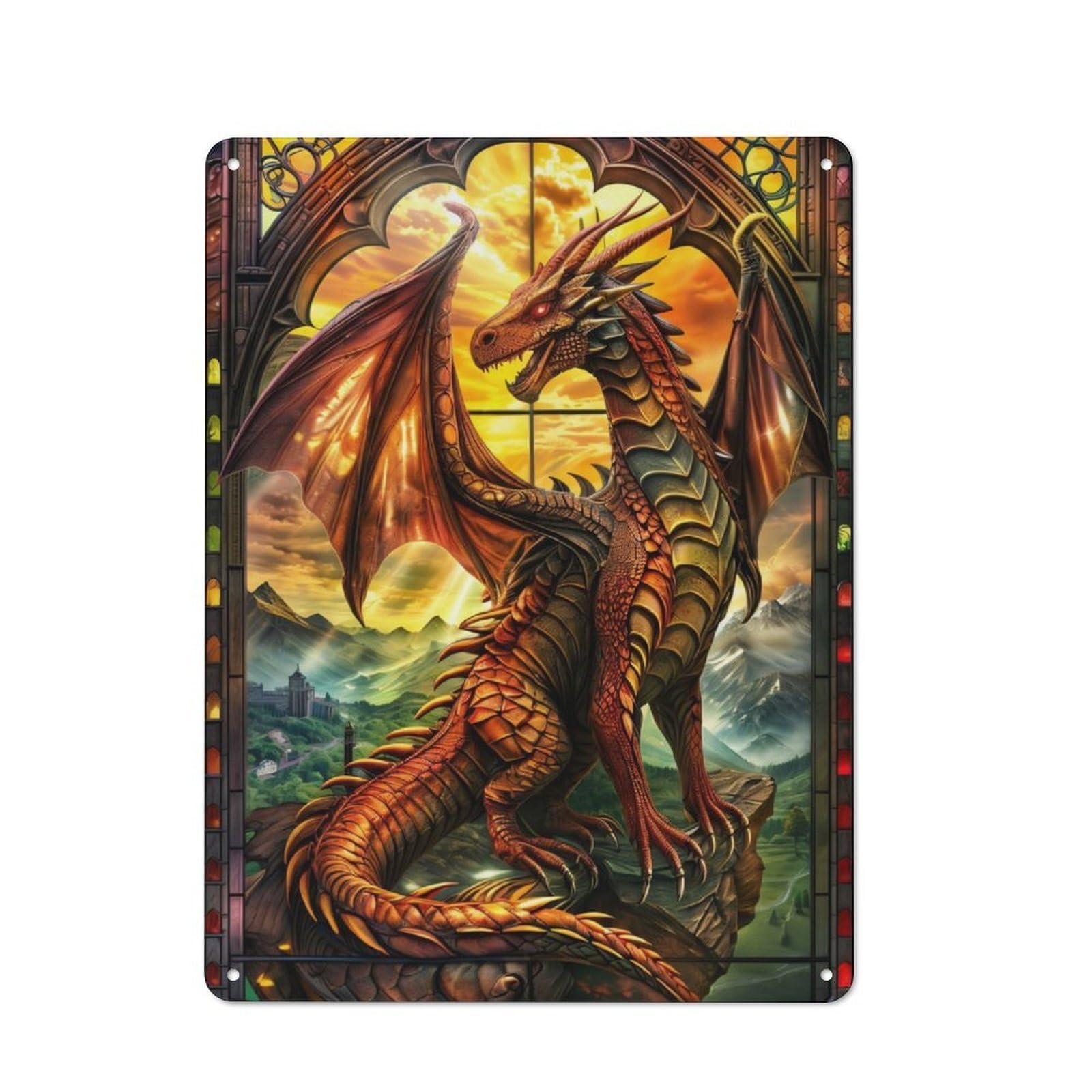 Junmoney Serene Stained Dragon Tin Wall Plaque 40X30cm With For Dining Room Or Kitchen, A Metal Wall Feature For Kitchens And Dining Spaces