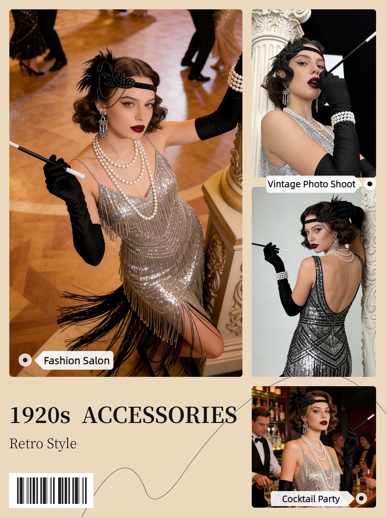 Ginkago 1920s Accessories for Women 6Pcs Flapper Accessories Set including Feather Headband, Earrings, Necklace, Bracelet - Image 3