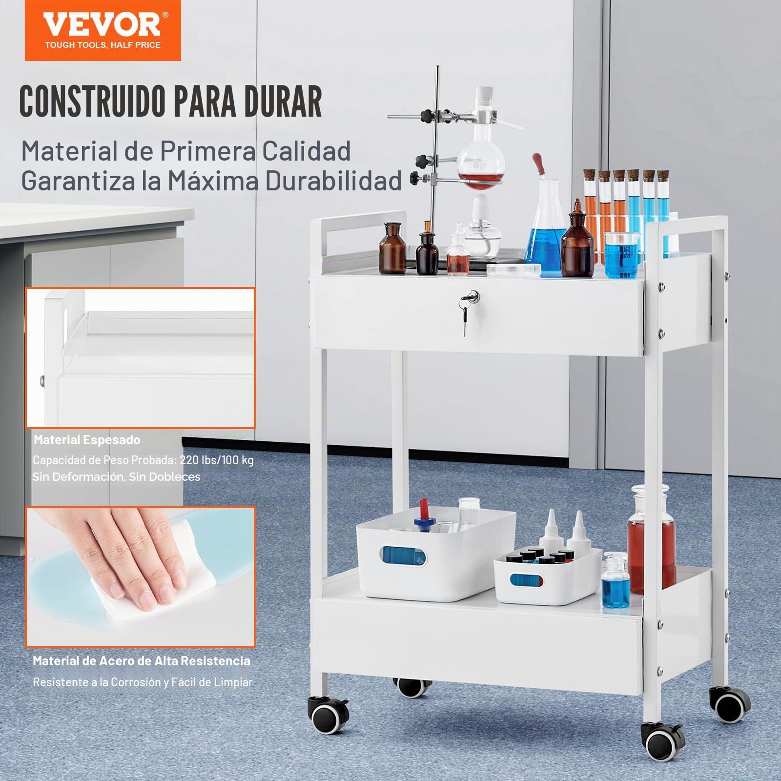 VEVOR Carro de Laboratorio 2 Niveles Carro Médico de Acero Inoxidable Carro de Servicio Gran Capacidad de Carga de 100 kg con 2 Cajones para Laboratorio Salón Hospital, Uso Dental, Blanco