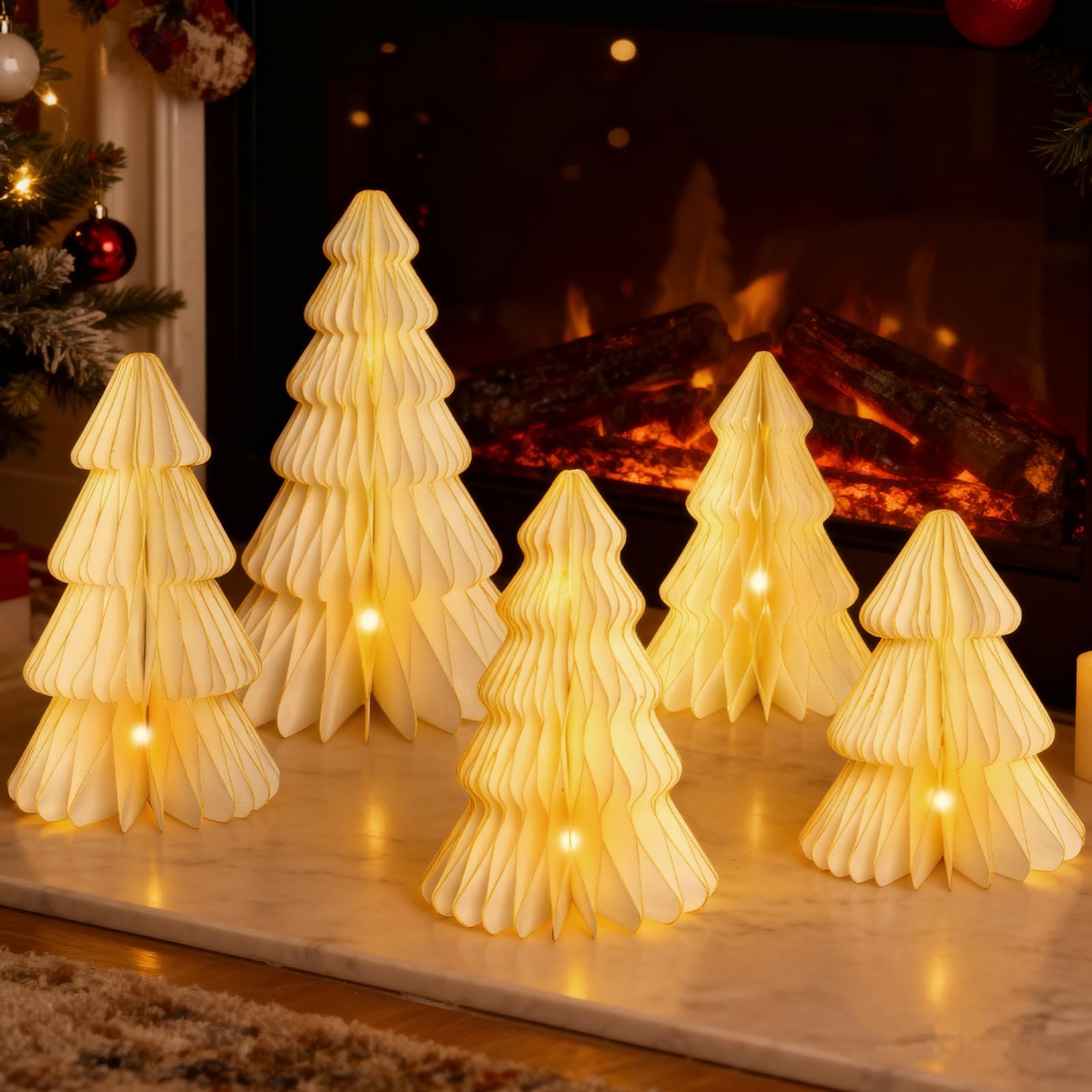 Lot de 5 Grandes décorations de Table de Noël en Papier nid d'abeille Blanc pour décoration d'intérieur, centres de Table Vintage Lumineux pour Noël, Hiver, fêtes, Mariages, décoration d'intérieur