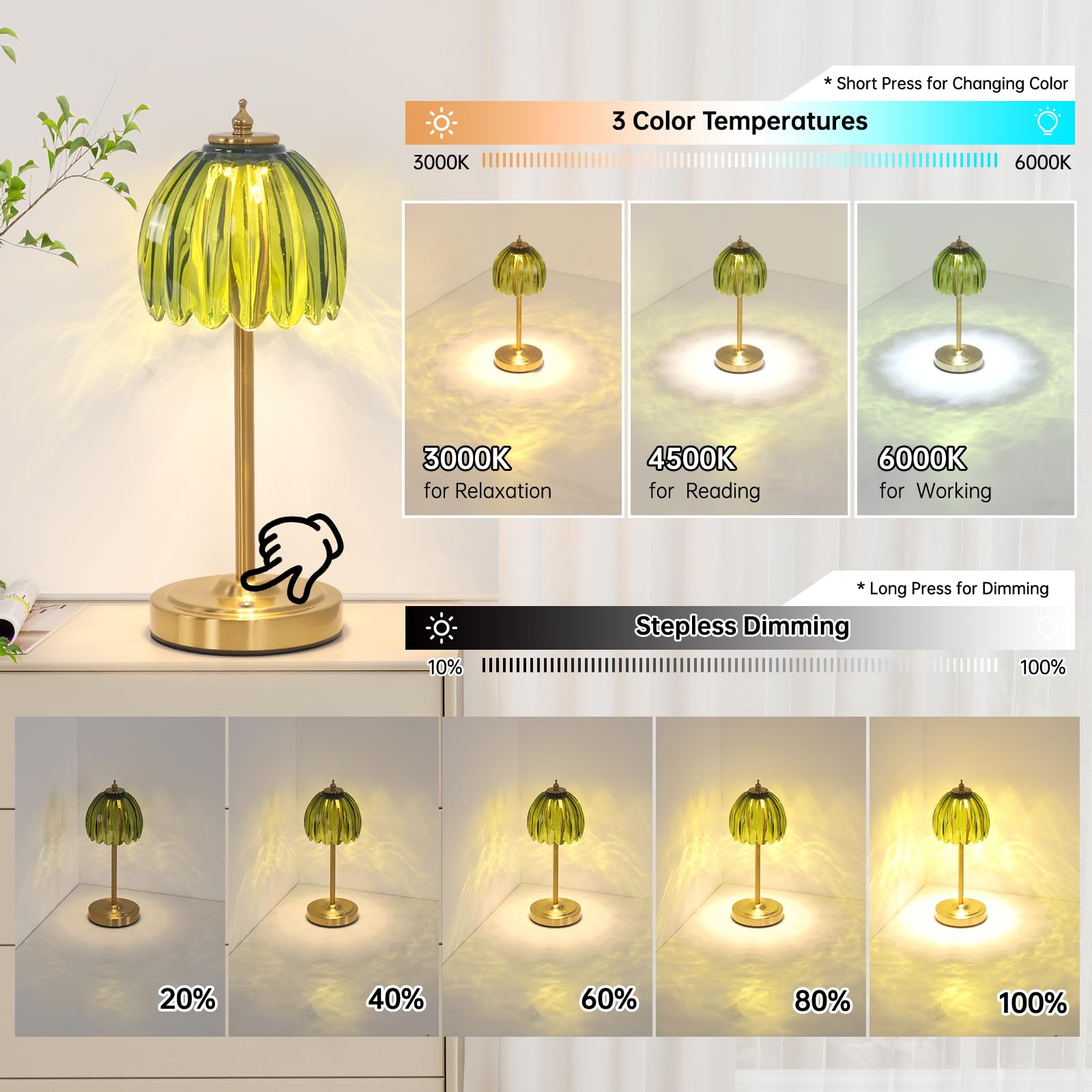 Shenmoyl Tulip Table Lamp, 5200mAh Cordless Touch Control Table Lamp with 3 Color Temps & Stepless Dimming, Rechargeable Battery Table Lamp for Living Room, Bedroom, Office, Shelf (Amber Tulip