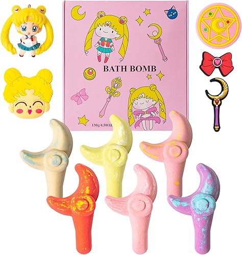 Sailor Moon - Kit de bombas de baño para niñas, 6 bombas de baño hechas a mano con forma de varita mágica de 4.5 onzas con juguetes de baño, bomba