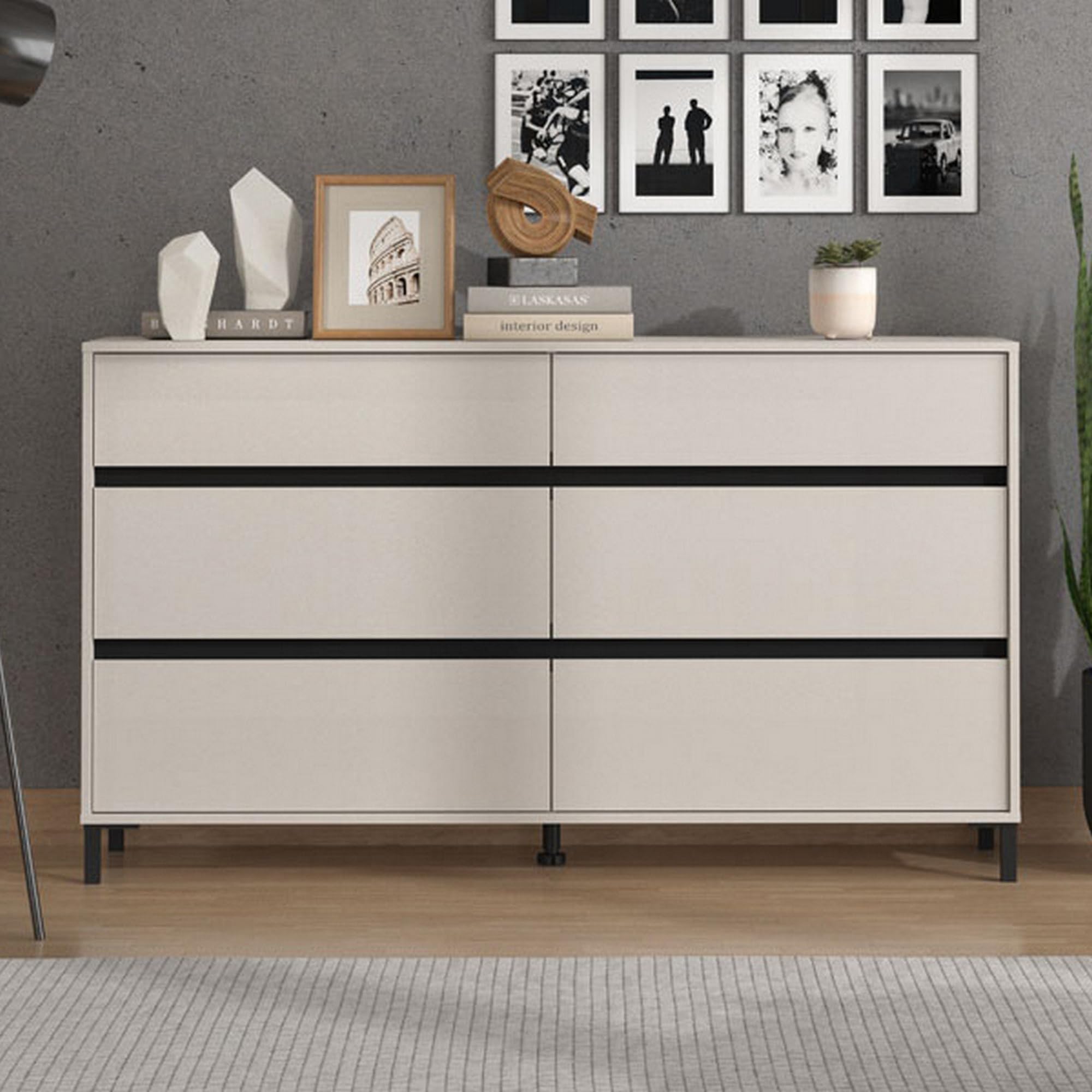 Dmora Cassettiera Chiketoo 157x40x90h cm Beige 6 Cassetti Apertura Scorrevole, Chiusura Scorrevole