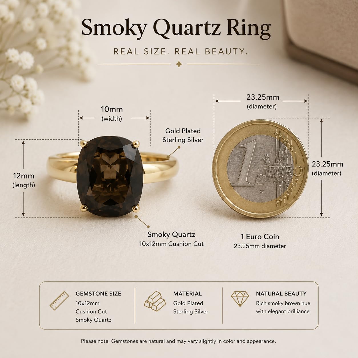 Anello in argento sterling placcato oro con quarzo fumé