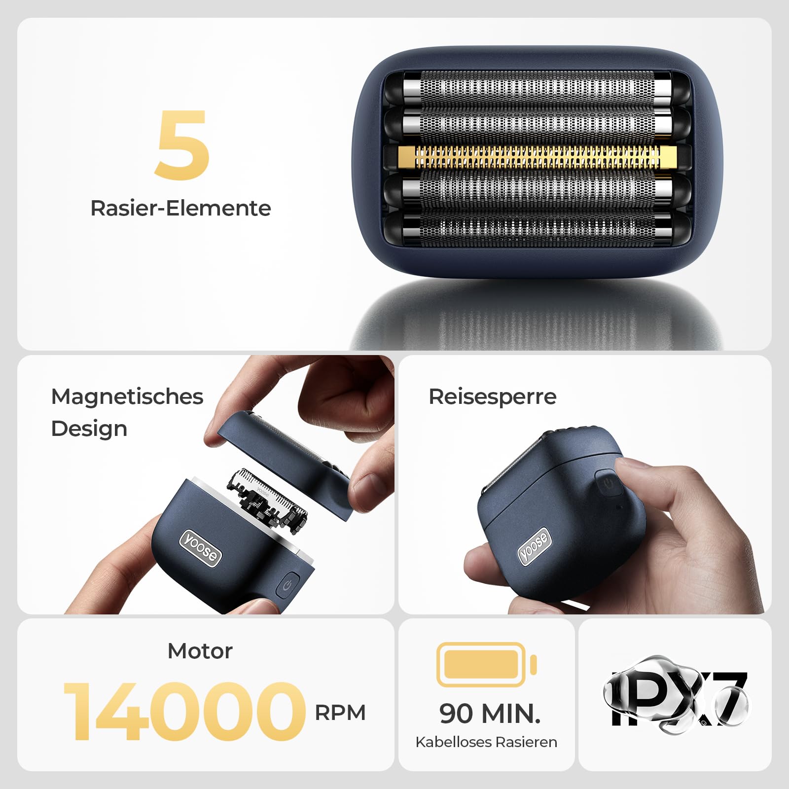 Yoose MINI 5 Rasierer Herren Elektrisch Bart Trimmer, Elektrischer Elektrorasierer Mann Nassrasierer Trockenrasierer, IPX7 Wasserdicht, Wiederaufladbar mit USB C, 100 Min Laufzeit, Blau
