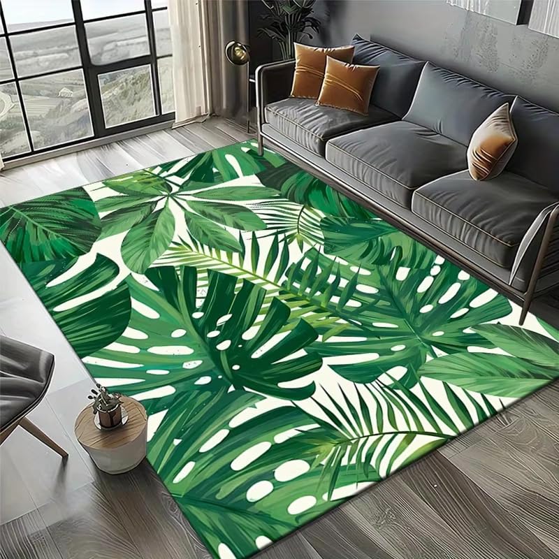 Tapis lavable en machine style tropical vert et blanc 90x150 cm avec envers antidérapant