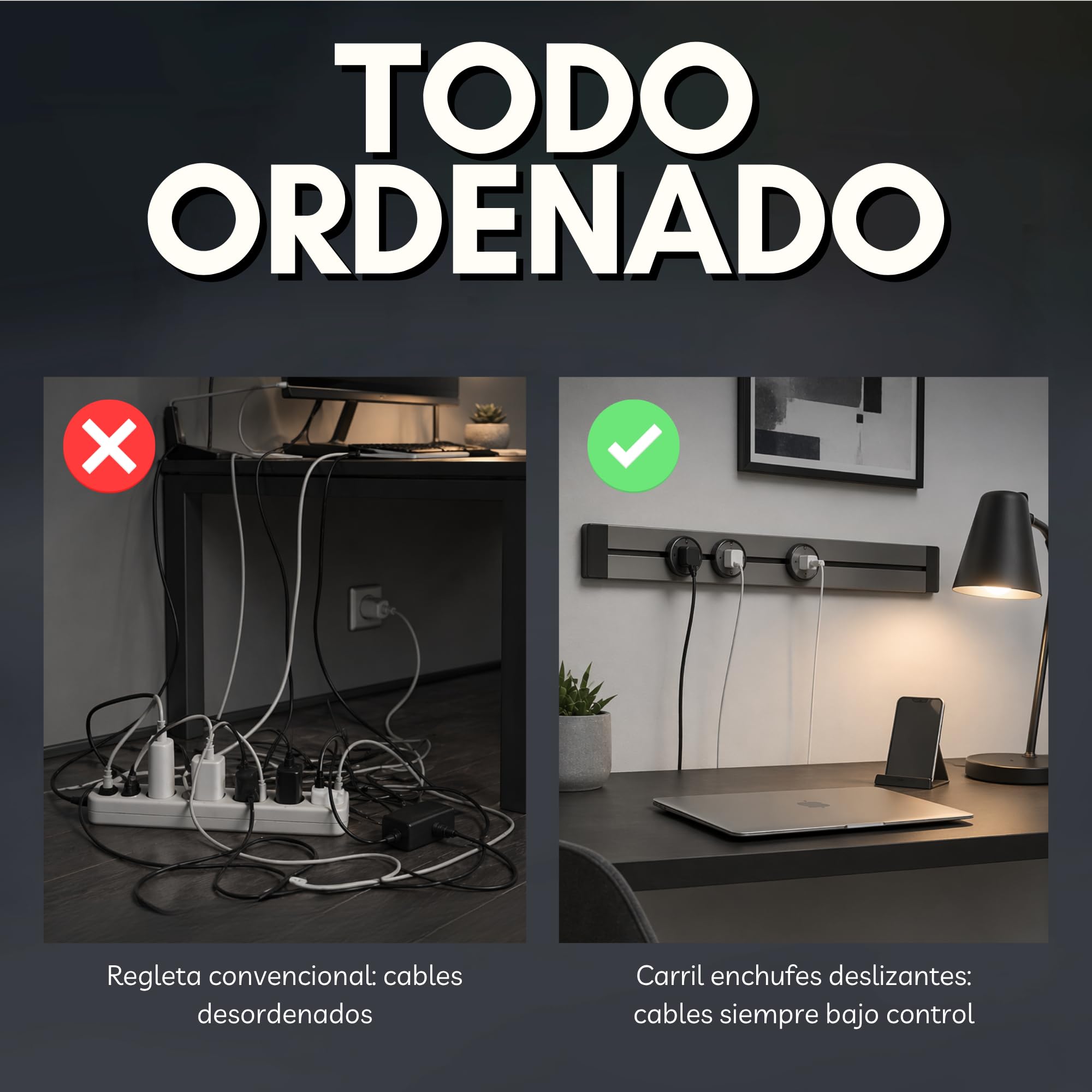 Carril de Enchufes Deslizantes 50 cm, Regleta Modular en Aluminio, Compatible con hasta 7 Tomas, Ideal para Hogar y Oficina