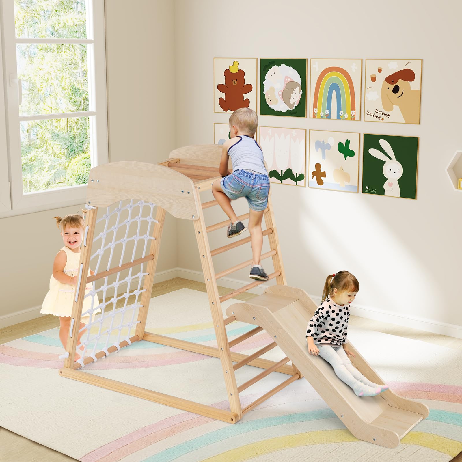 GOPLUS 4 en 1 Triangle d’Escalade Montessori, Triangle Escalade avec Toboggan et Filet d’Escalade Aire de Jeux Montesorri, Charge 50KG pour Enfants 1 an+ (Naturel)