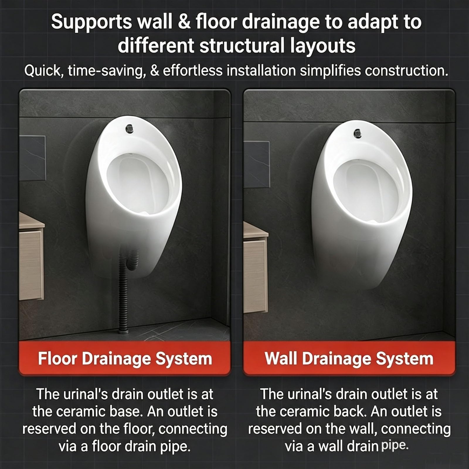 Urinario Sensor Infrarrojos Cerámica Urinario Mural Suspenso Automatizado | Salida de Agua Vertical, Superficie Esmaltada Uso Sin Contacto para Baño Público Hostelería y Oficinas
