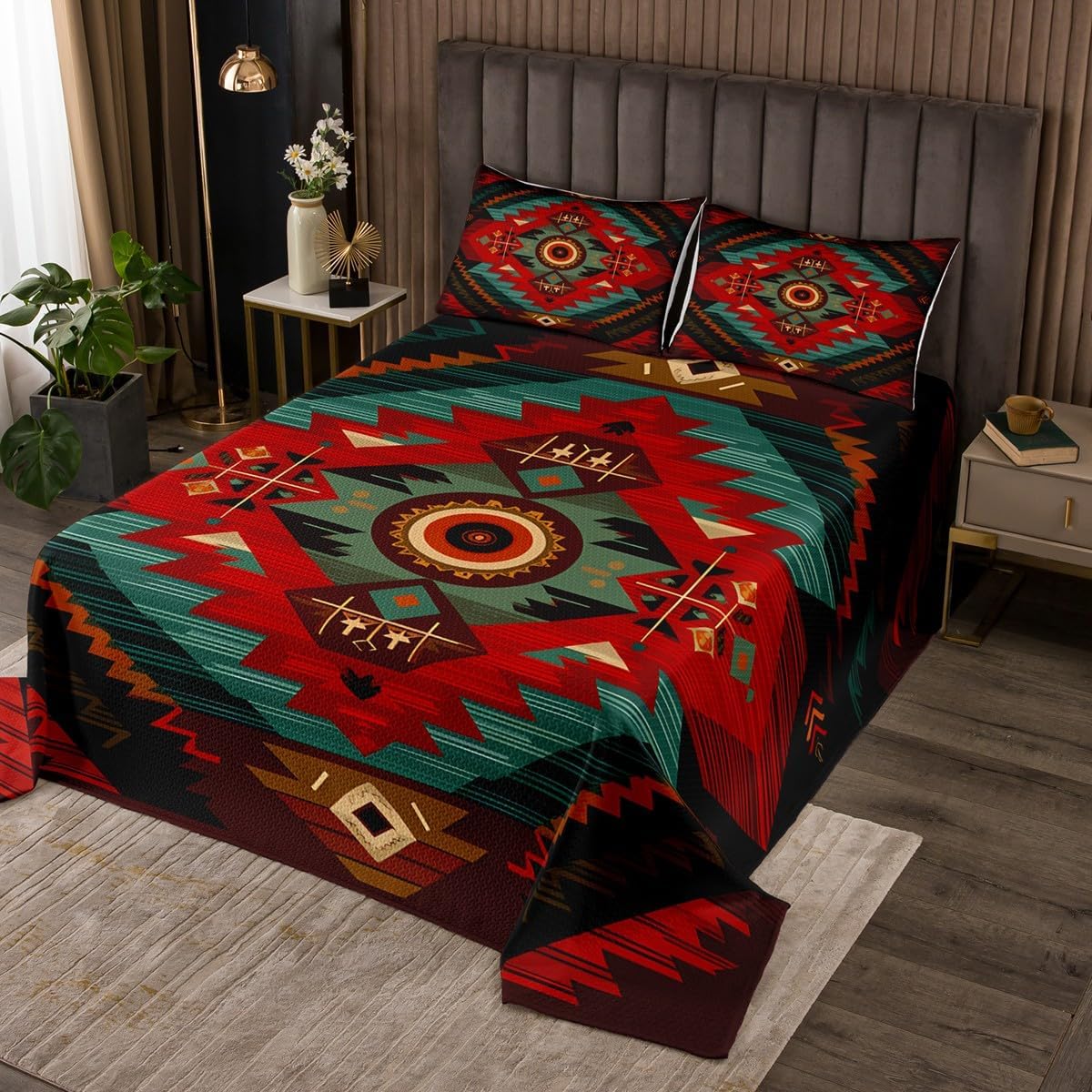 jejeloiu Boho Aztec Bedspread Queen Size Kids Blue Farmhouse Western Exotic Style Coverlet Set for Boys Girls Tribal Native American Indian Quilted Coverlet Room Decor