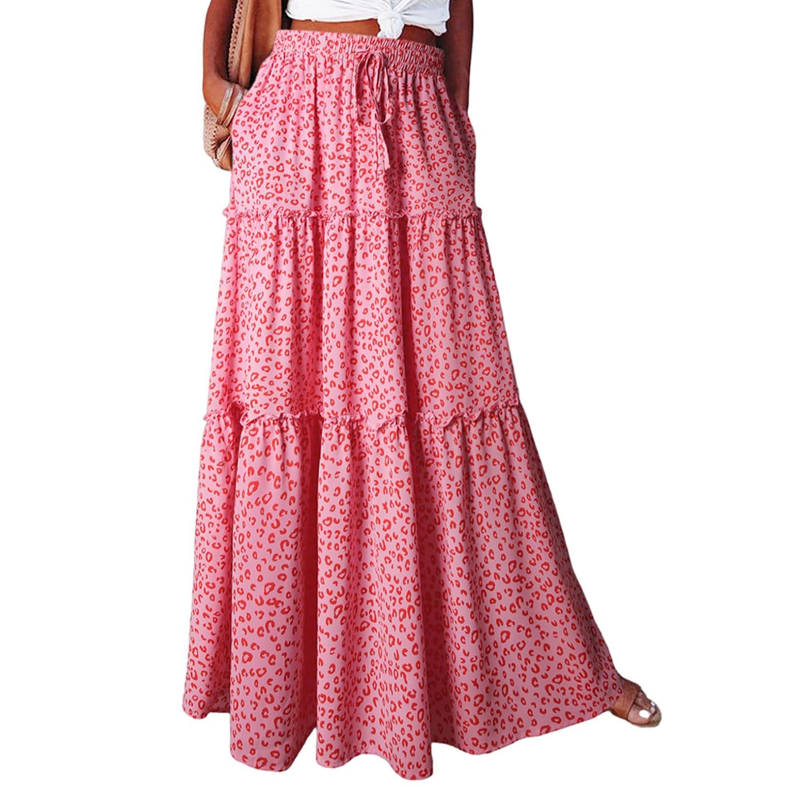 Long Skirts for Women Floral High Waisted Casual Vintage Maxi Skirts Smocked Ruffle Tiered Flowy Boho A Line