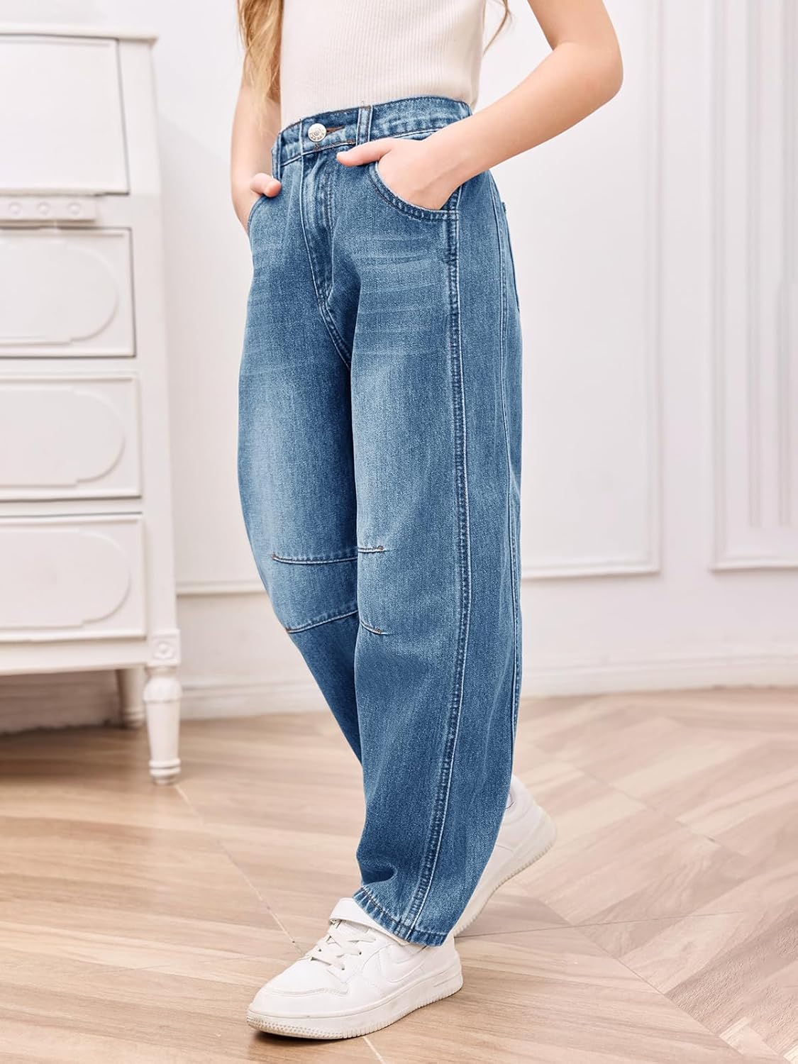 Haloumoning Girls Wide Leg Barrel Jeans Kids Fashion Elastic Waist Baggy Denim Pants with Pockets 5-14 Years - Image 2