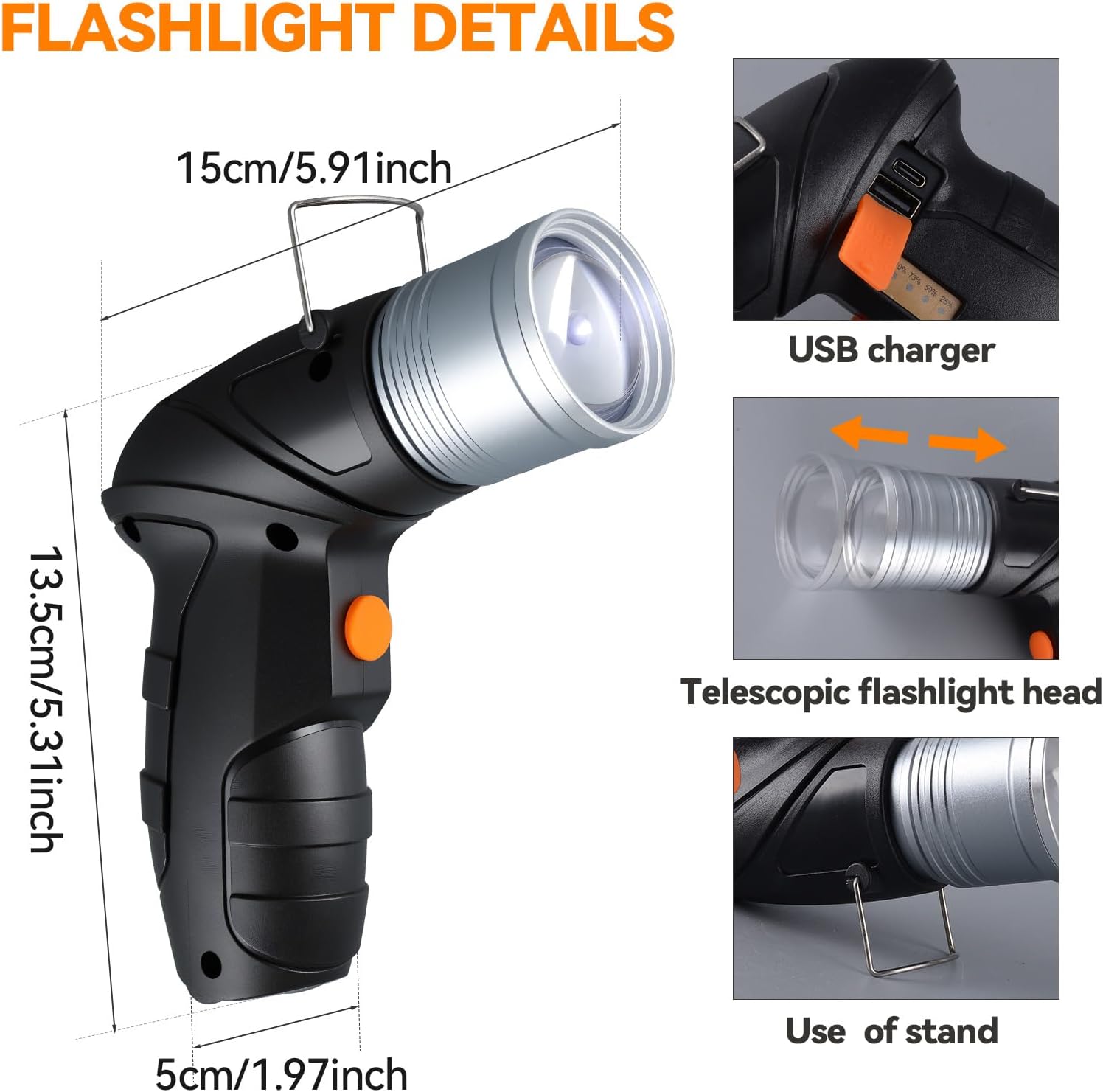 Horenom Multifunction Rechargeable LED Spotlight, 1000+ Lumen Flashlight, Portable Waterproof USB Torch with Foldable Stand, 3 Modes and Focus for Home, Emergencies, Camping, Hiking, Dog Walking