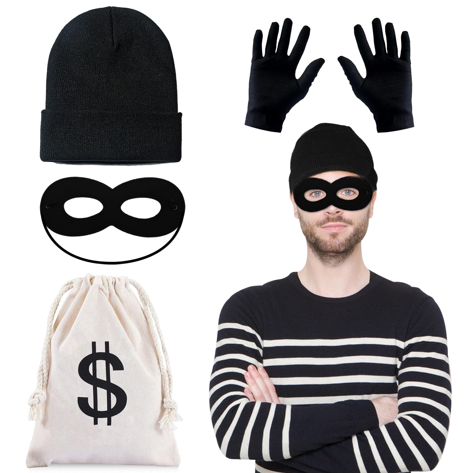 4 Pcs Burglar Costume Set for Adult, Bank Robber Costume Kit with Knit Beanie Cap, Eye Mask, Gloves, White Swag Bags, Robber Costume for Halloween, Carnival, Dress Up Party