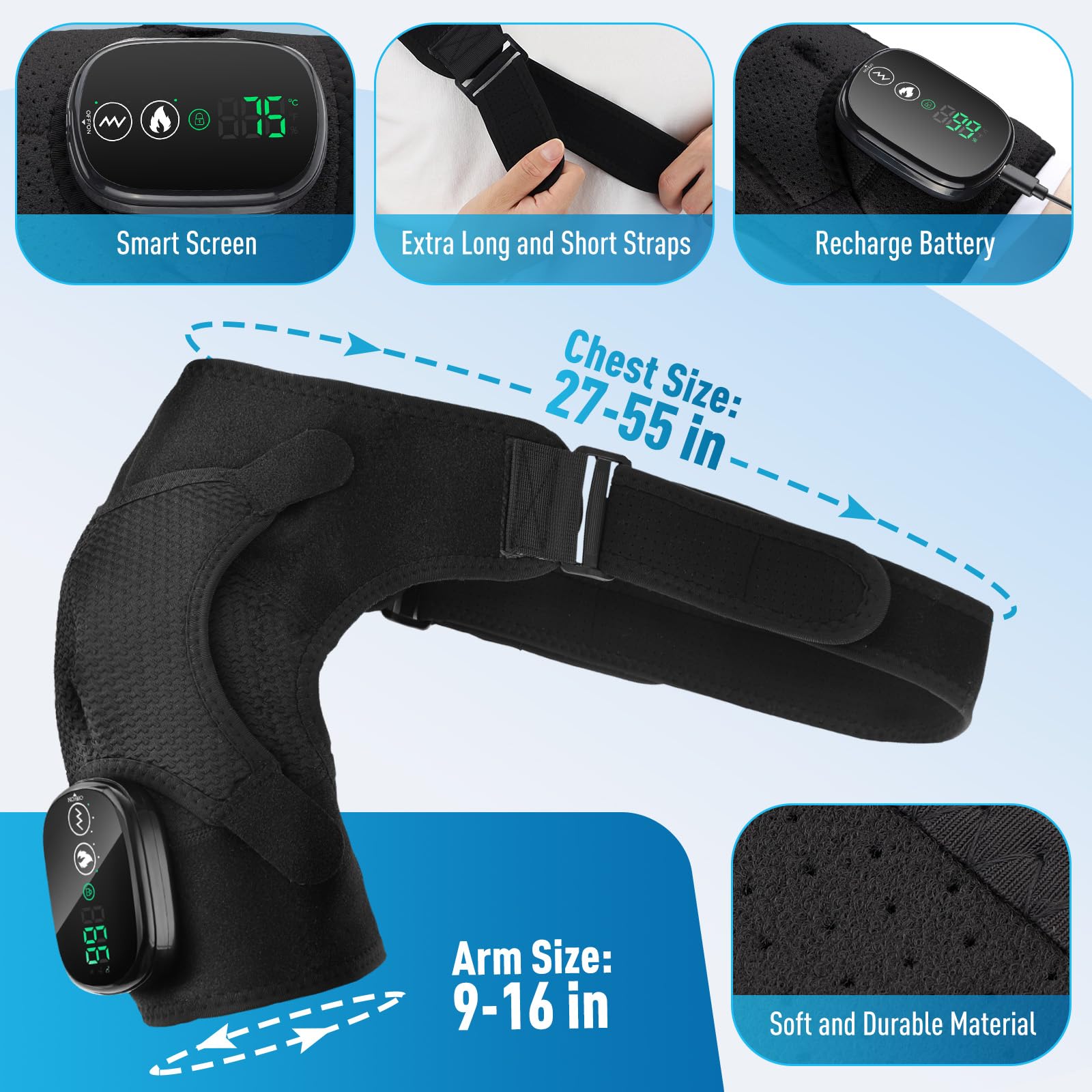Almohadilla térmica inalámbrica para hombros, masajeador de hombros, envoltura de hombro con calefacción y soporte con 3 modos de calor y vibración, hombres y mujeres (negro)