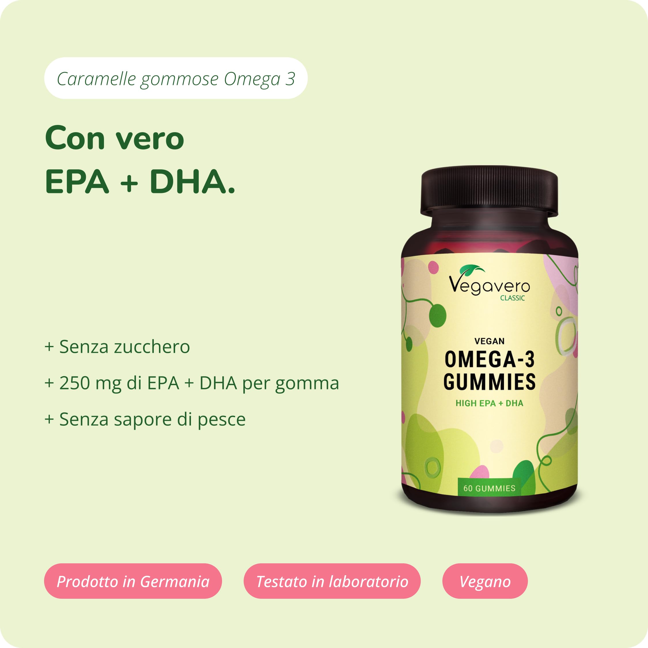 Omega 3 Vegan Gummies | 1.350 mg di Olio di Alghe | DHA+ EPA 450-225 mg | Senza Zucchero | Alga Schizochytrium Premium | Pressato a Freddo | Gusto Mango (Senza Retrogusto) | Vegavero®