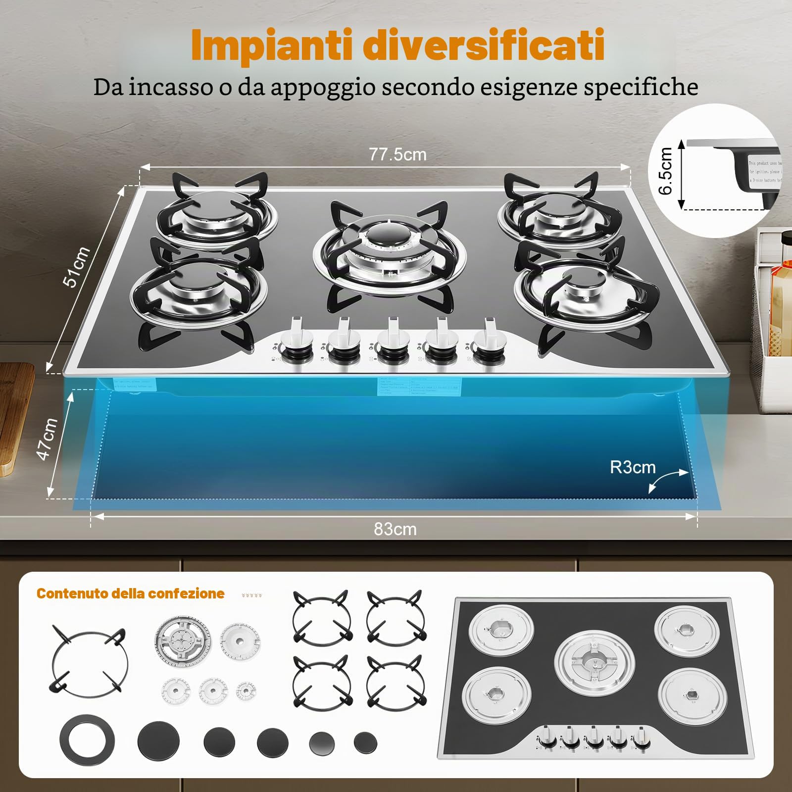 Piano e cottura a gas a 5 fuochi in acciaio inox, fornello a gas naturale, utensili da cucina