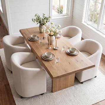 BESTANO Set of 4 Modern White Upholstered Dining Chairs with Swivel Casters, Linen Barrel Back Accent Side Chair for Dining Room Living Room, Beige