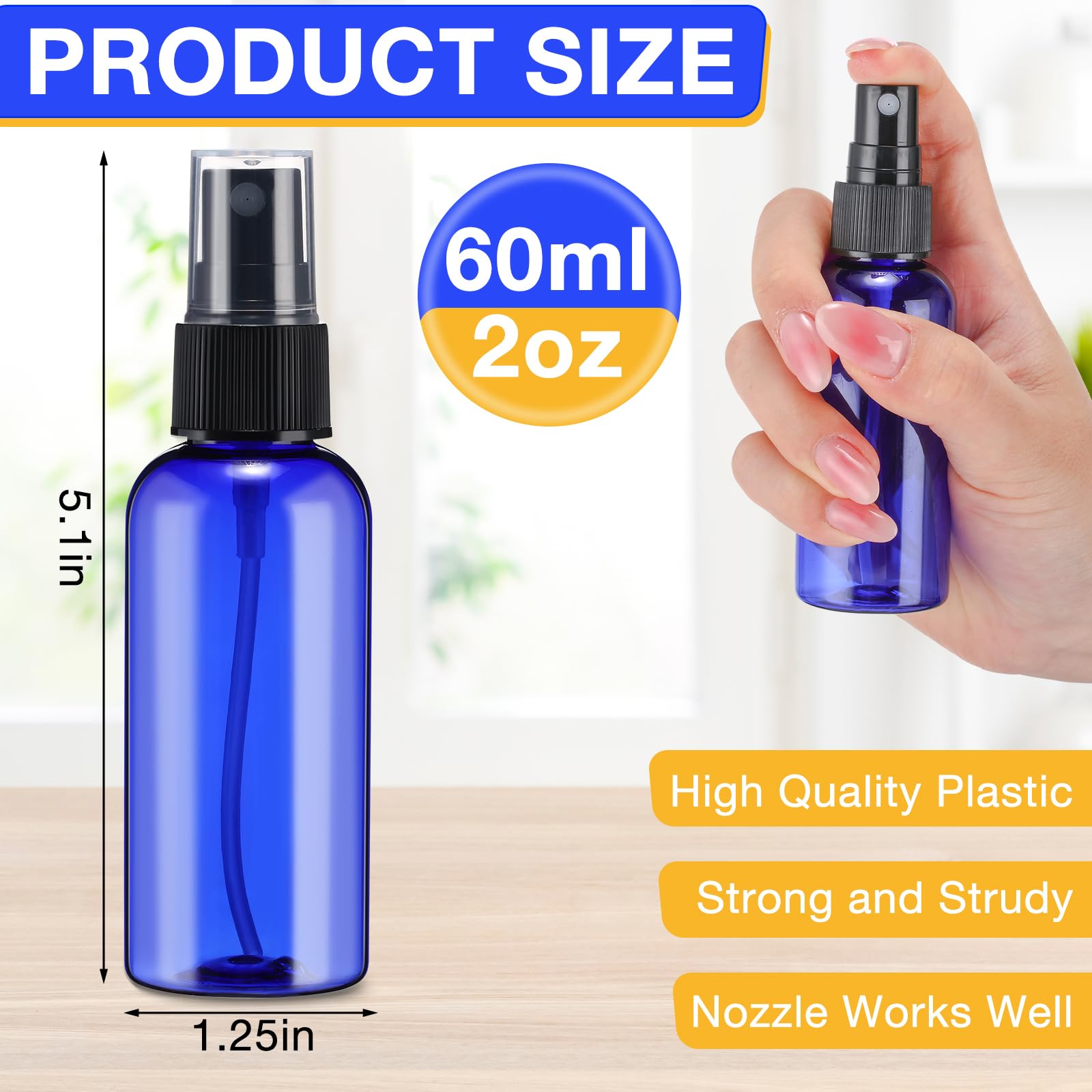 Zhehao 200 flaconi spray in plastica da 56,7 g, vuoti, per capelli, da viaggio, ricaricabili, con tappi a pompa a coste, per oli essenziali, profumi, cura della pelle, pulizia (blu)