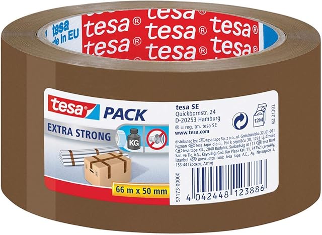 tesa Extra Strong PVC Packing Tape for Packing Heavy Parcels and Boxes, Brown, 66 m x 50 mm