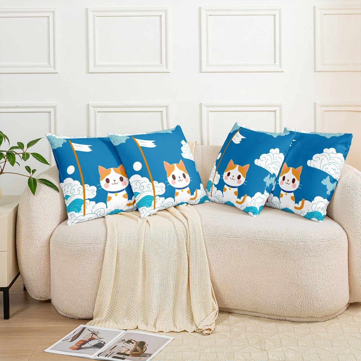 Japanese Cat Throw Pillow Covers (Pack of 2),Ocean Wave Cushion Cover for Kids Girls Boys Cartoon Flag Blue Sky Cloud Pillow Cases Cute Anime Animals Living Room Sofa Bed Decor ,16"Lx16"W image 5