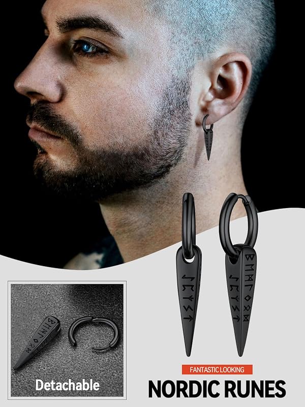 FaithHeart Viking Runes Spike Earrings for Men Black Norse Mythology Drop Earrings Vintage Runic Dangle Huggie Hoop Earrings Gifts for Dad Brother by FaithHeart - Image 3