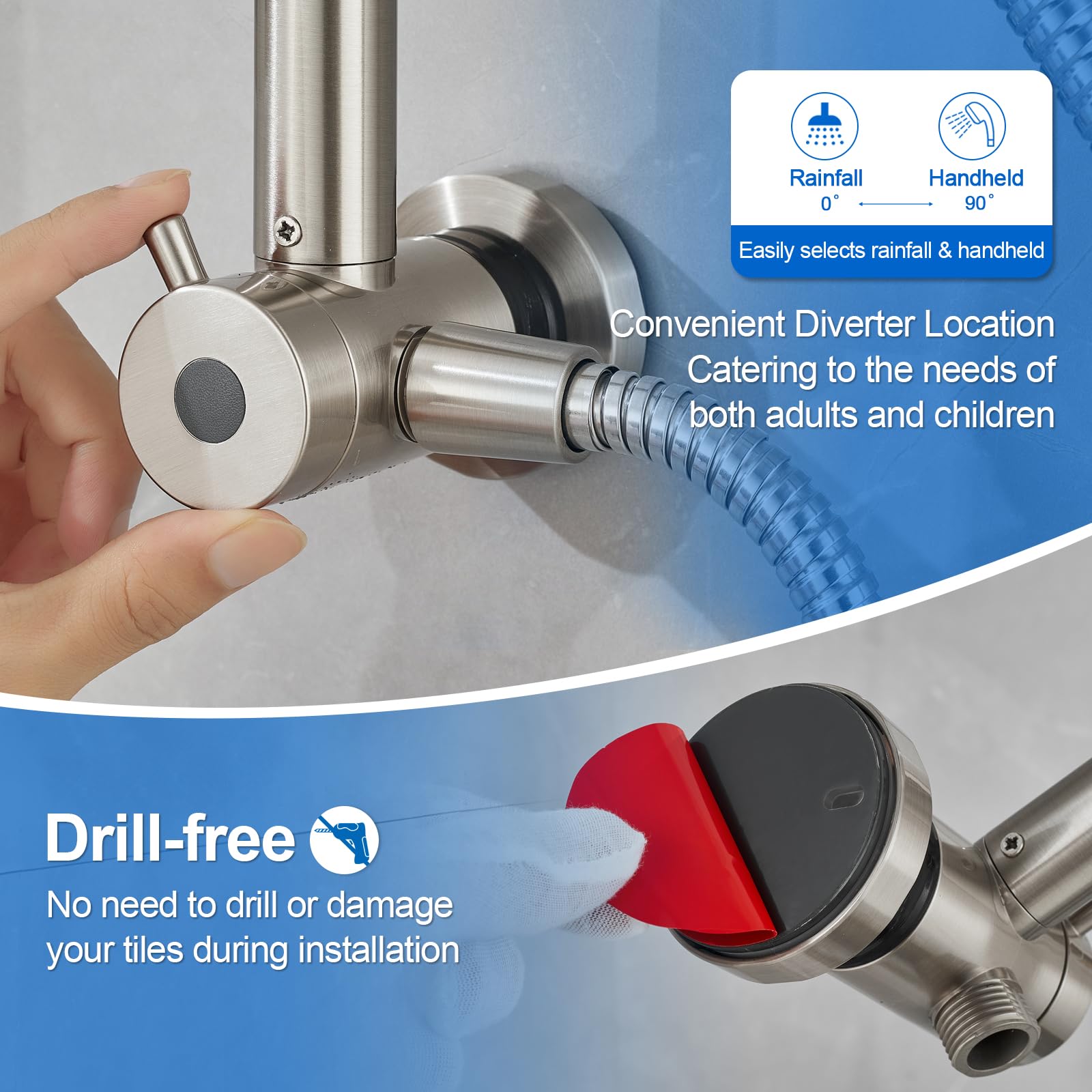 Retrofit - Combo de cabezal de ducha de 2 vías, cabezal de ducha de lluvia de 8 funciones con 9 ajustes, barra deslizante de ajuste y brazo de ducha, 2.5 GPM, sistema de ducha sin taladros,