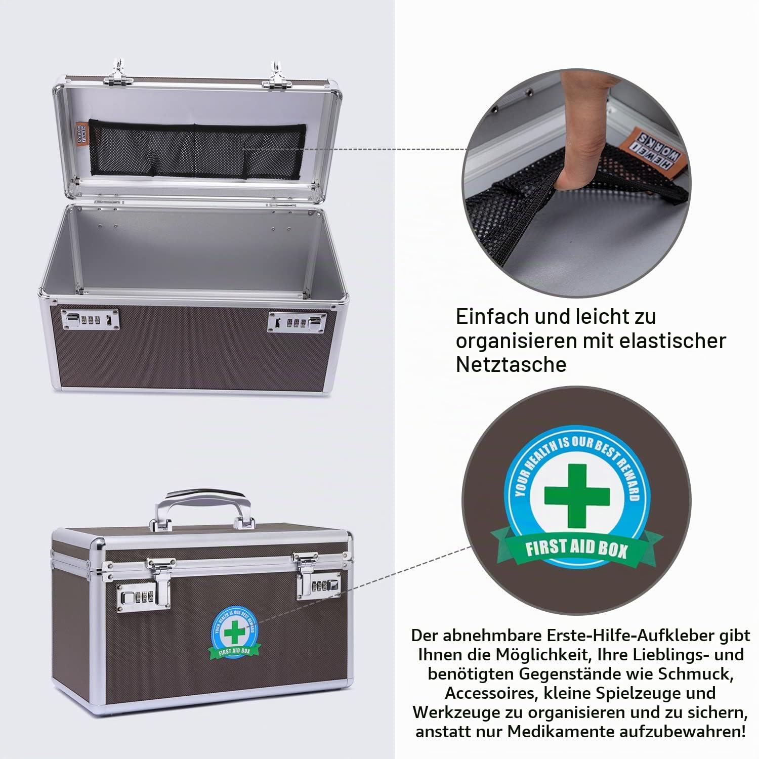 Medikamentenkoffer abschließbar mit Zahlenschloss, robuster Alurahmen Medizinbox, Erste Hilfe Koffer mit tragbarer Pillendose für Zuhause, Büro & Reisen (Coffee, groß)