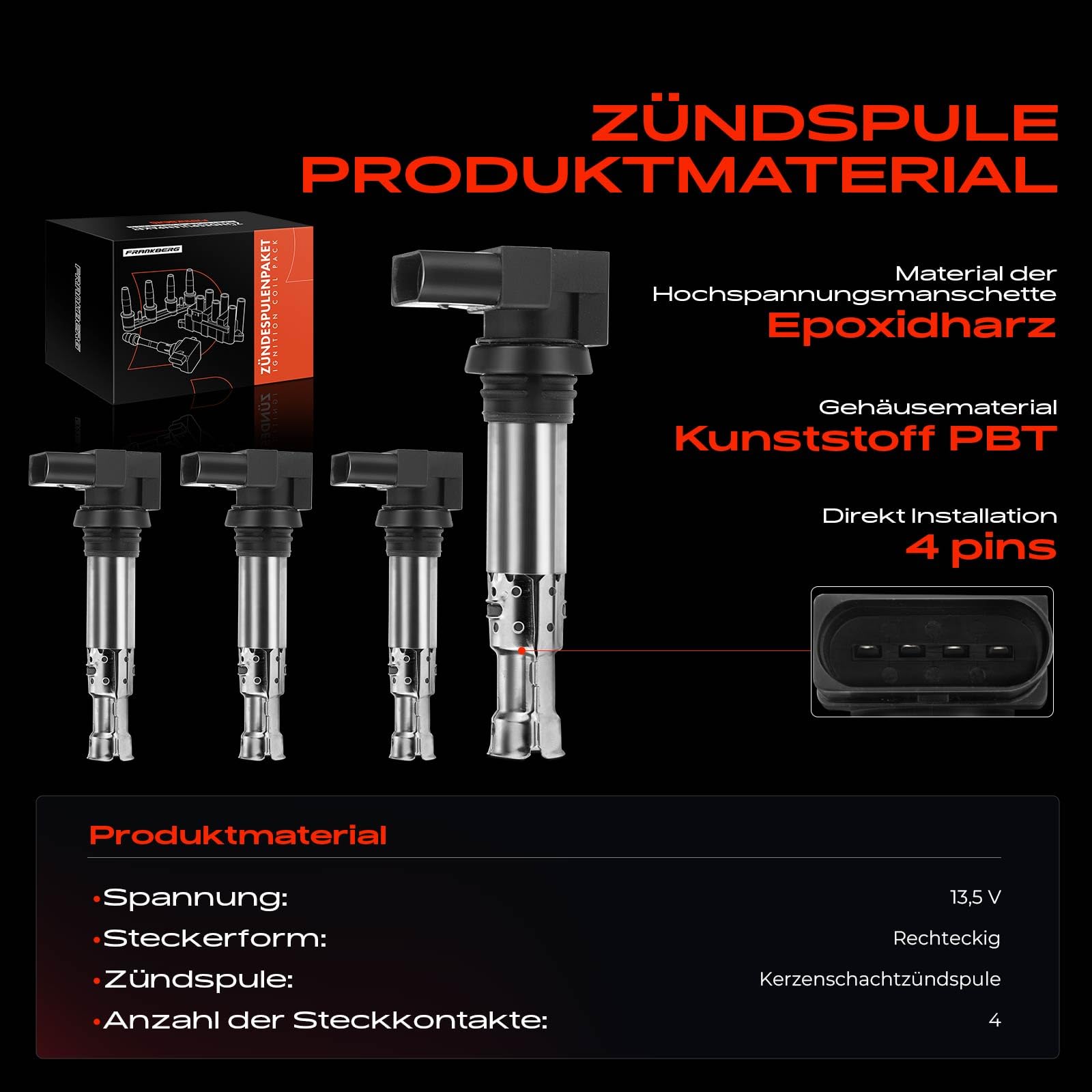 Frankberg 4x Bobine di accensione Benzina Compatibile con Golf IV 1J1 1.4L Golf VI 5K1 1.4L Golf V 1K1 1.4L Polo 6C1 6R1 1.4L Polo 6C1 6R1 1.2L Replace# 36905715