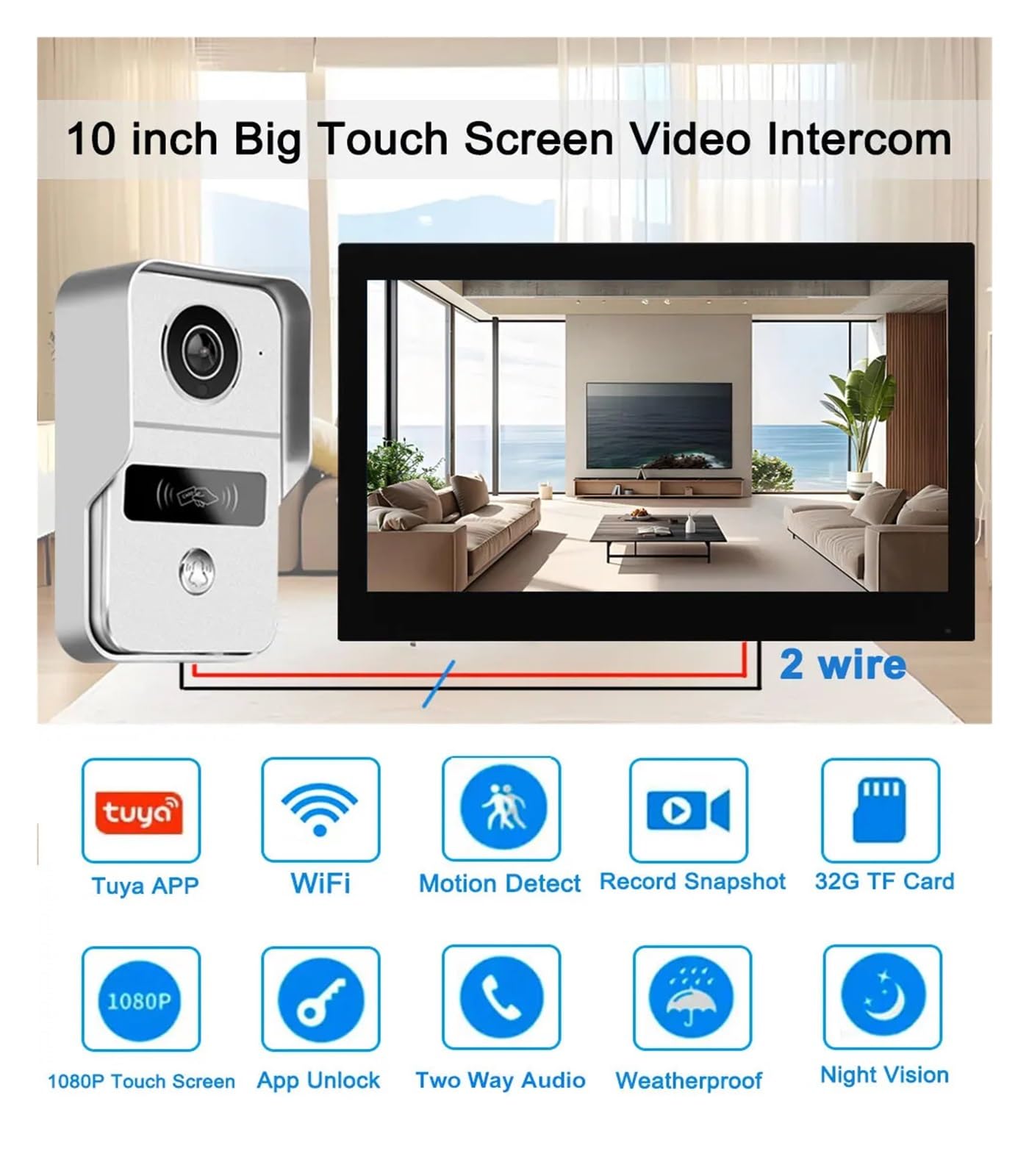 Home Smart - Timbre inalámbrico con intercomunicador de video WiFi de 2 10 pulgadas (1V2 10 pulgadas, blanco)