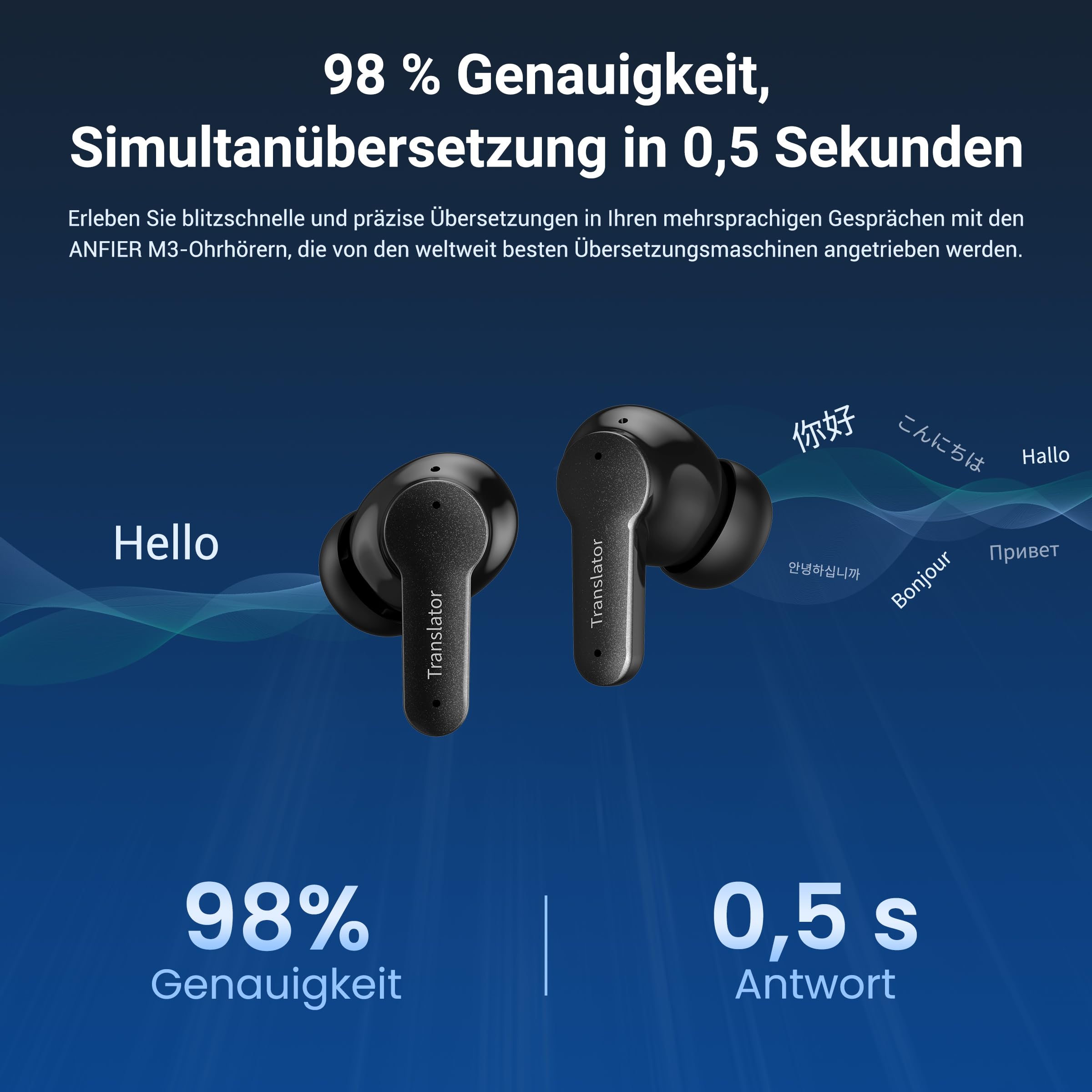 Anfier M3 KI Übersetzer Kopfhörer 144 Online Sprachen & Akzente Echtzeit Sprachübersetzer, 3-in-1 Two-Way AI Translator Earbuds 4 Modi mit App for iOS Android, Kopfhörer Übersetzer Wirtschaft Schwarz