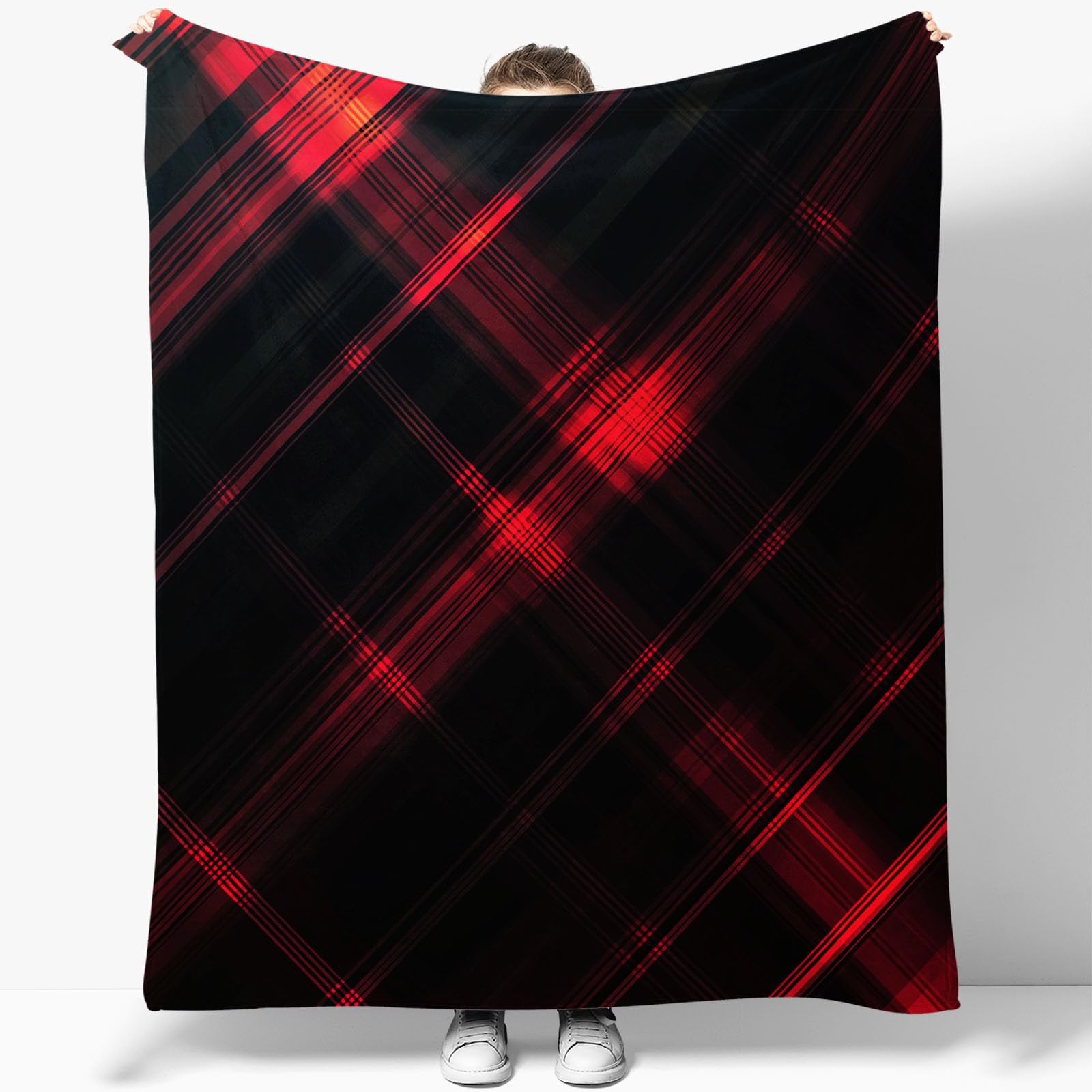 Pojedynczy koc polarowy w linie i paski nadruk czarny czerwony miękki nadruk puszysta flanelowa narzuta 220 x 240 cm Sofa Odpowiednia dla dorosłych i dzieci Zachowaj ciepło zima