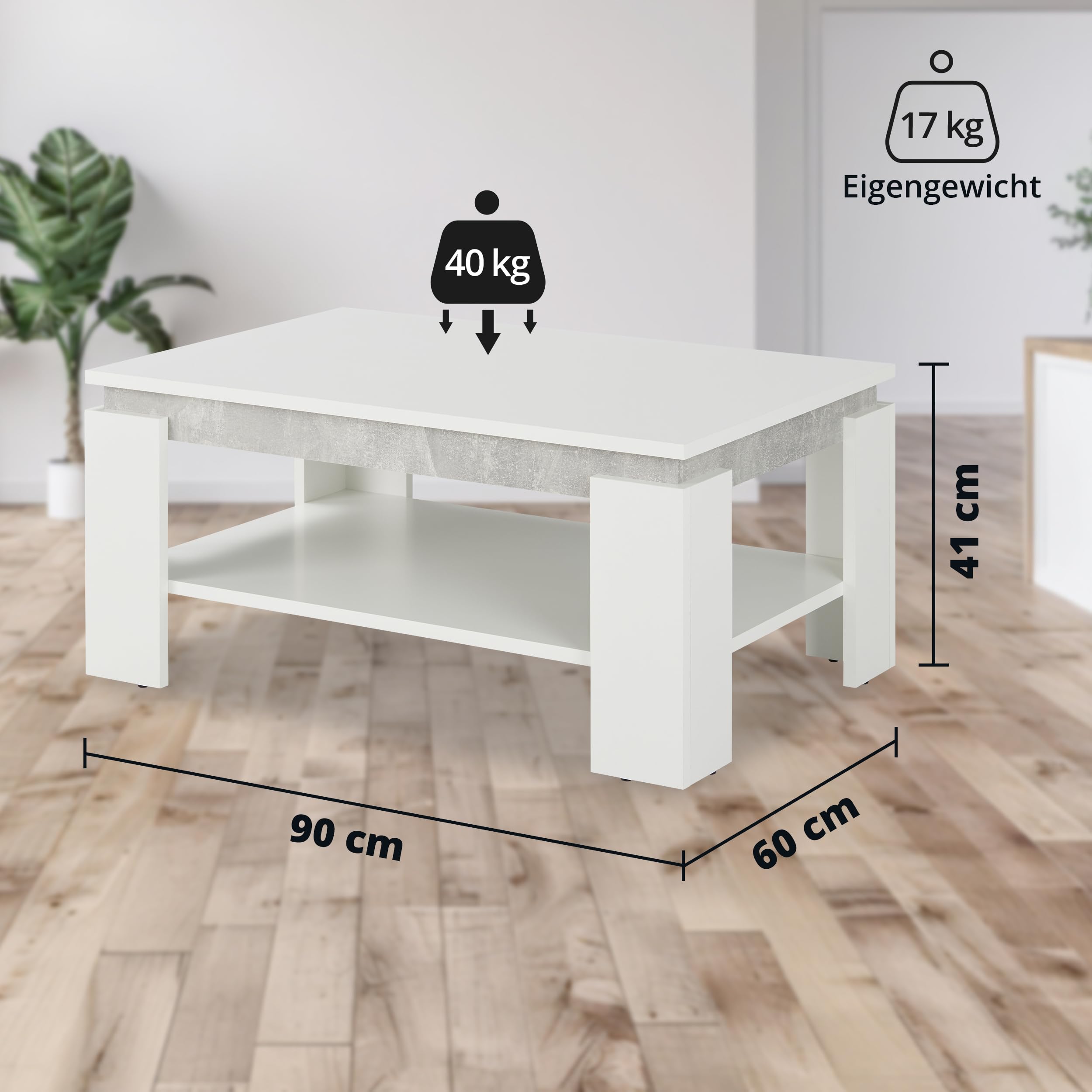 KHG Couchtisch weiß Rechteckig, Ablagefach in Beton-Optik, für Wohnraum | Holzwerkstoff foliert, Sofatisch fürs Wohnzimmer, 25 kg belastbar, 90x60x41 cm, stabil und pflegeleicht, für Zuhause
