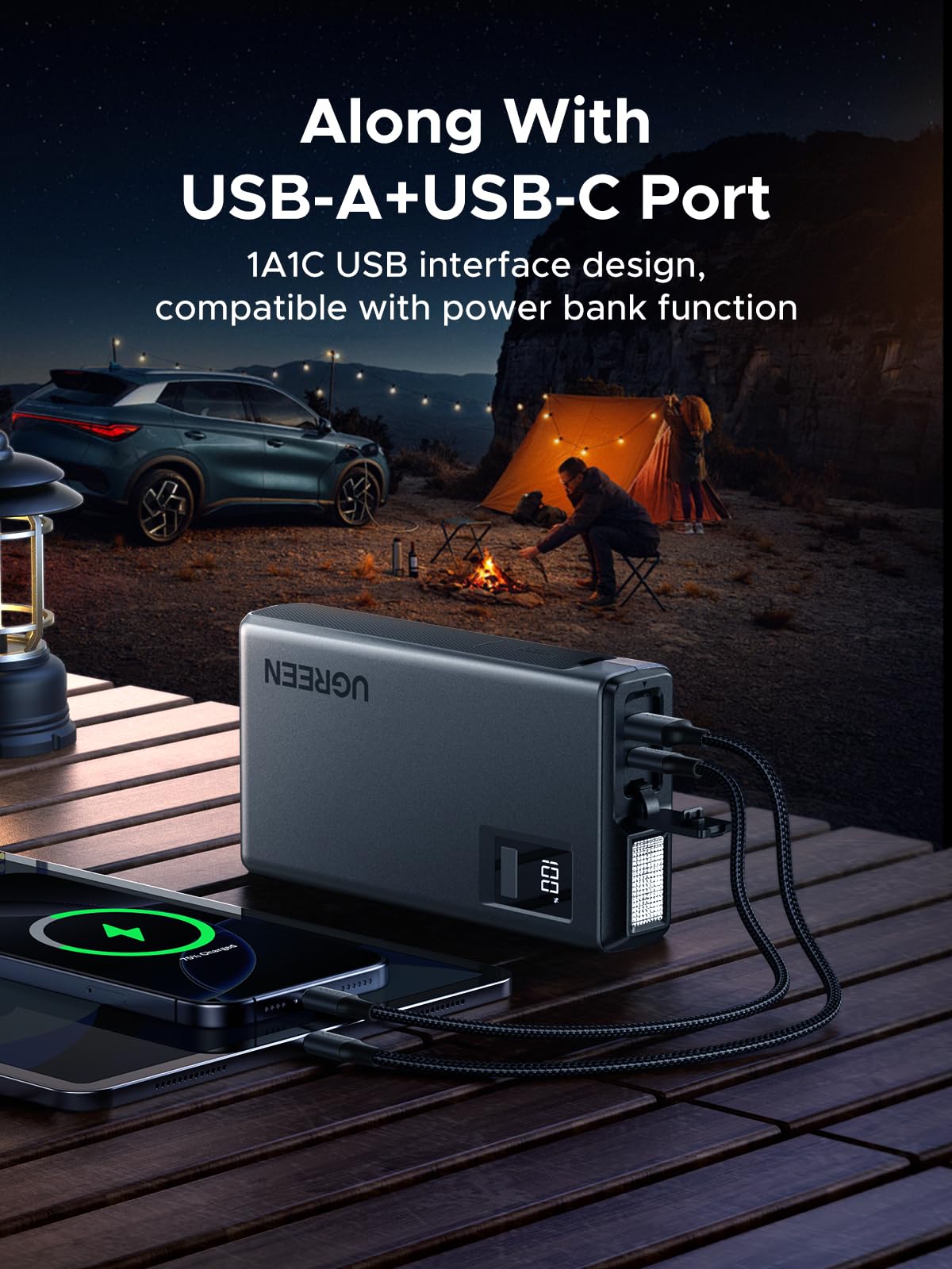 UGREEN Jump Starter Power Pack 1000A Batteria Auto Booster per 6.0L Benzina e 3.5L Diesel Motori 12000mAh Portatile Power Bank e cavi di avviamento con schermo digitale e luce LED per emergenza