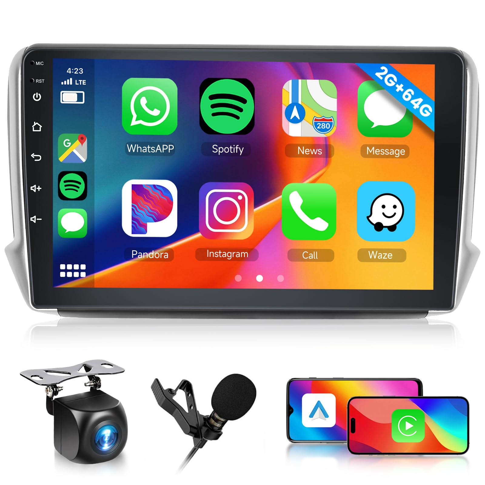 Hodozzy 2G 64GB Android Autoradio per Peugeot 208/2008 2012-2018 Stereo Wireless Carplay Android Auto Mirror Link 10,1 Pollici Touch Screen GPS WiFi, Bluetooth FM/RDS, SWC EQ, 2 Din Radio per Peugeot