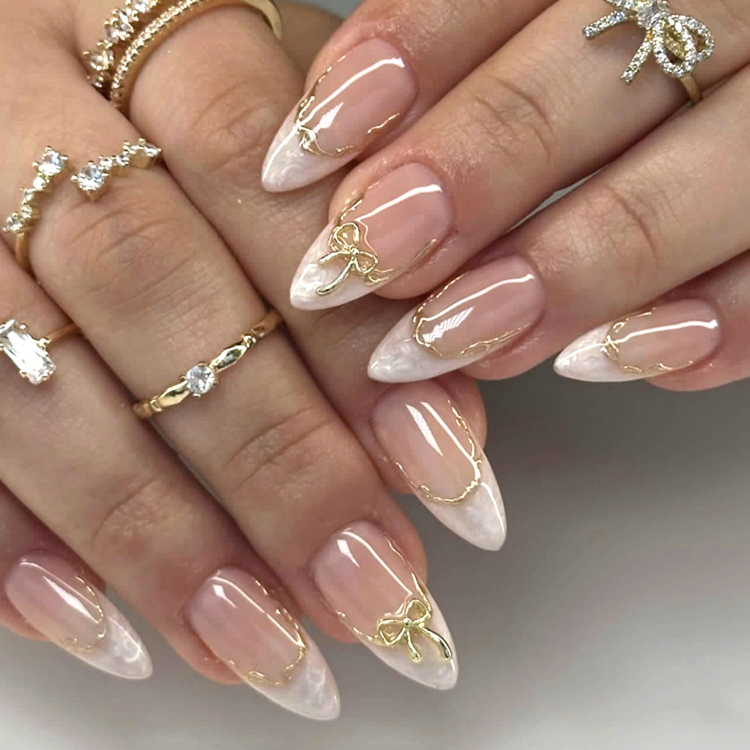 Vopintpy 3D Gold Bow Press on Nails White French Tip Fake Nails with Design Glossy Medium Almond Acrylic Glue on Nail Reusable Full Cover Stick on
