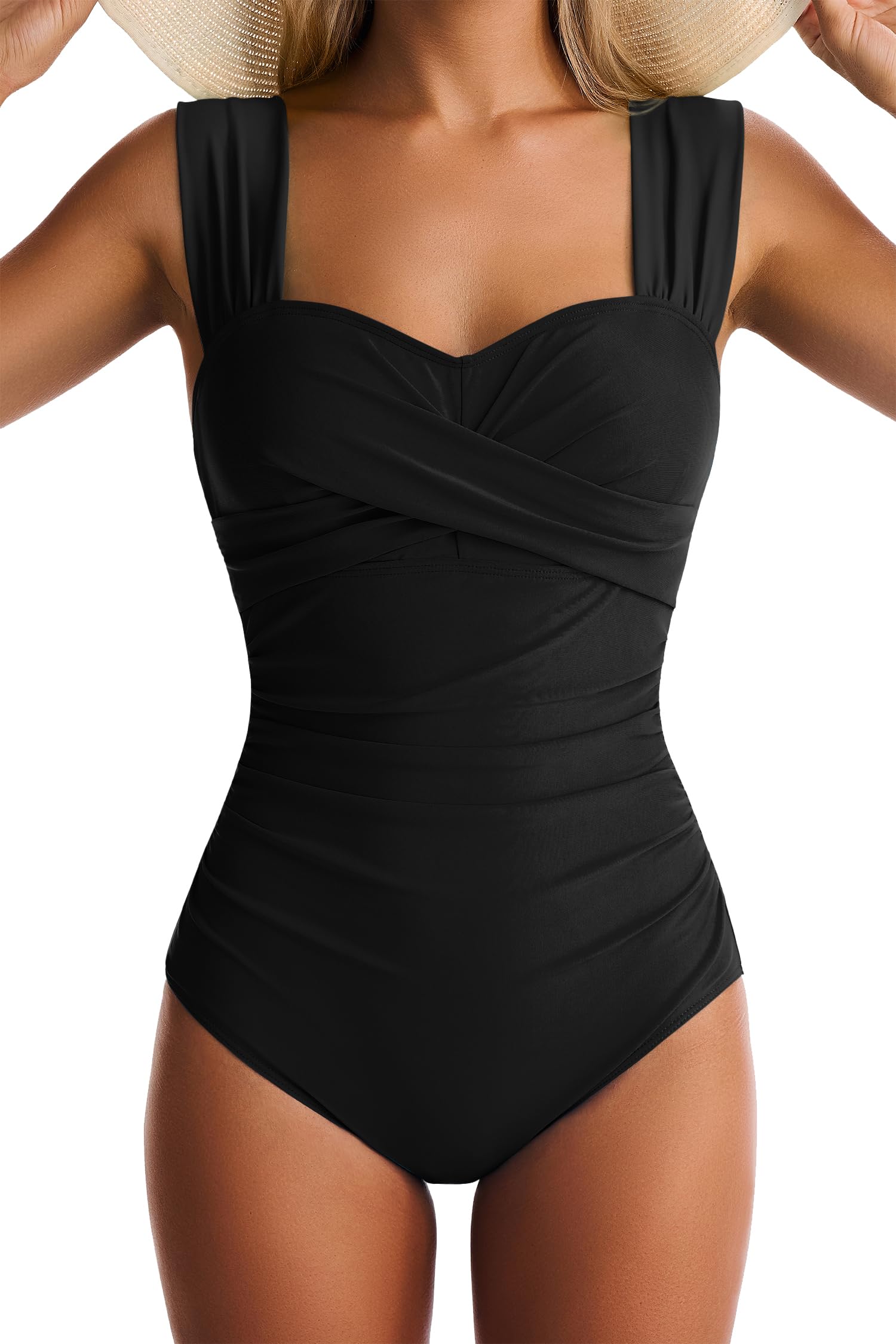 Photo 1 of EVOCRCO Womens One Piece Swimsuits Tummy Control Bathing Suits Modest Full Coverage Swimsuit Wide Straps Swimwear Black