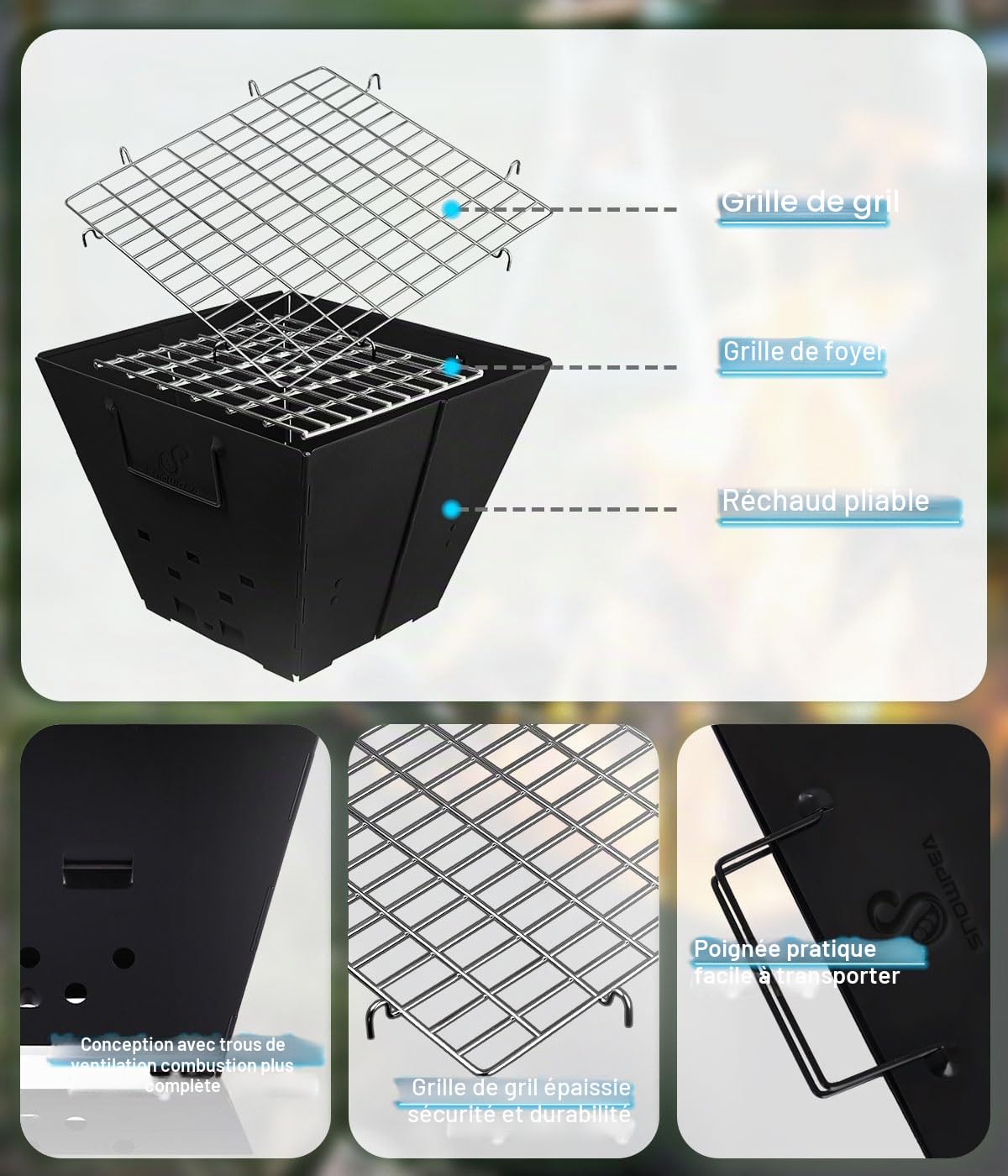 Snowpea Foyer portable pour camping, fosse extérieure pliable, pliable avec sac de transport, bol en fer pour pique-niques, feu de joie, patio, arrière-cour et jardin - grille supérieure, noir (FP-01)