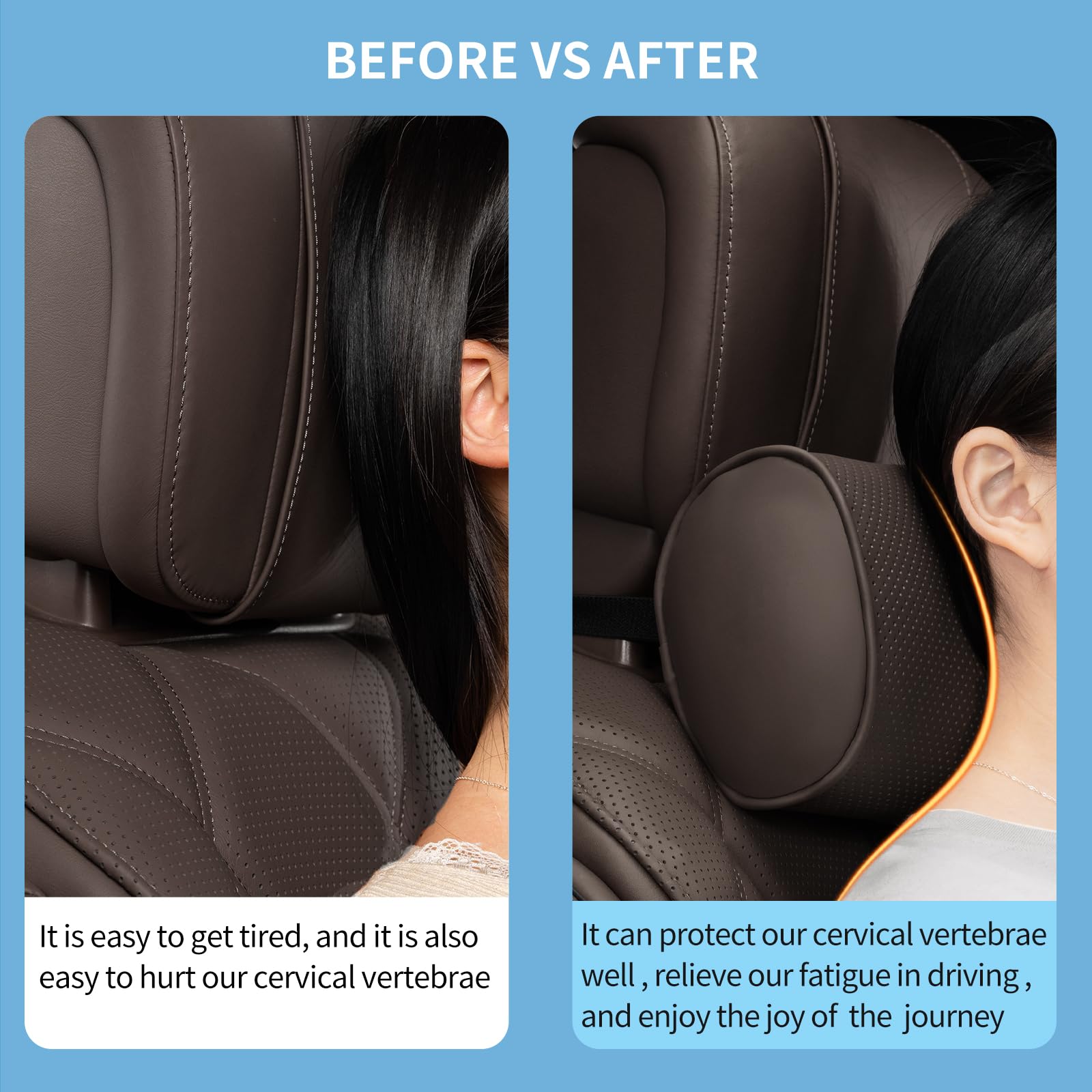 Cuscino Poggiatesta Auto in Pelle e Schiuma di Memoria, Supporto per il Collo Dell'auto, Ergonomico Cuscino Cervicale per Viaggio, Sedili Auto e Casa, Ufficio, Marrone, 2 Pezzi