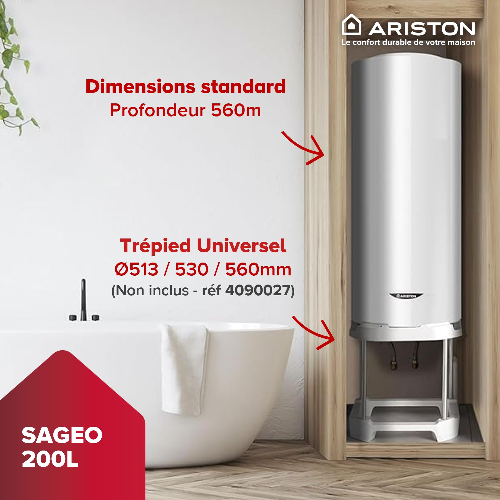 Ariston SAGEO 200 L - Chauffe-eau Électrique Vertical Mural 200L - Ø560mm - Résistance Stéatite Anticalcaire - Installation en eaux dures - NF Performance 2** - Conçu pour être installé en France