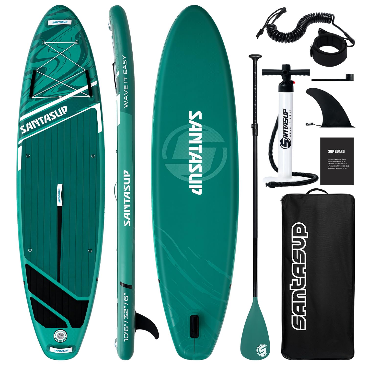 Santasup Inflatable Stand Up Paddle Board with SUP Accessories, Anti-Slip EVA Deck, 10'6"/11' Wide Stance Board, Sup Board for Adults & Youth of All