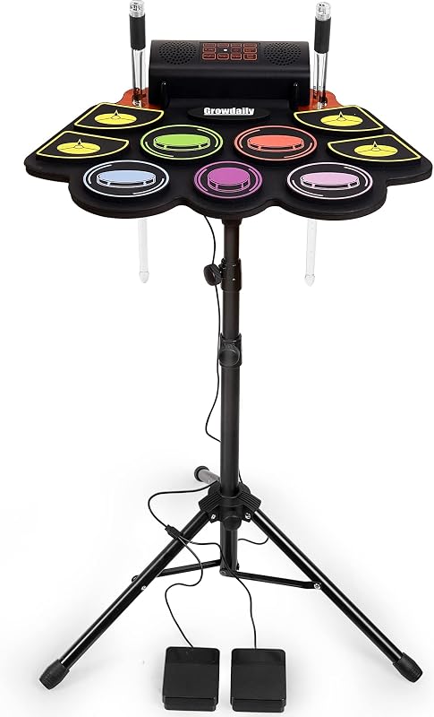 Batería Eléctrica para Niños, Batería Electrónica Práctica 9 Pads | Con soporte, grabación de música, baquetas iluminadas, pedal de batería, Midi, parlante estéreo dual (arco iris)