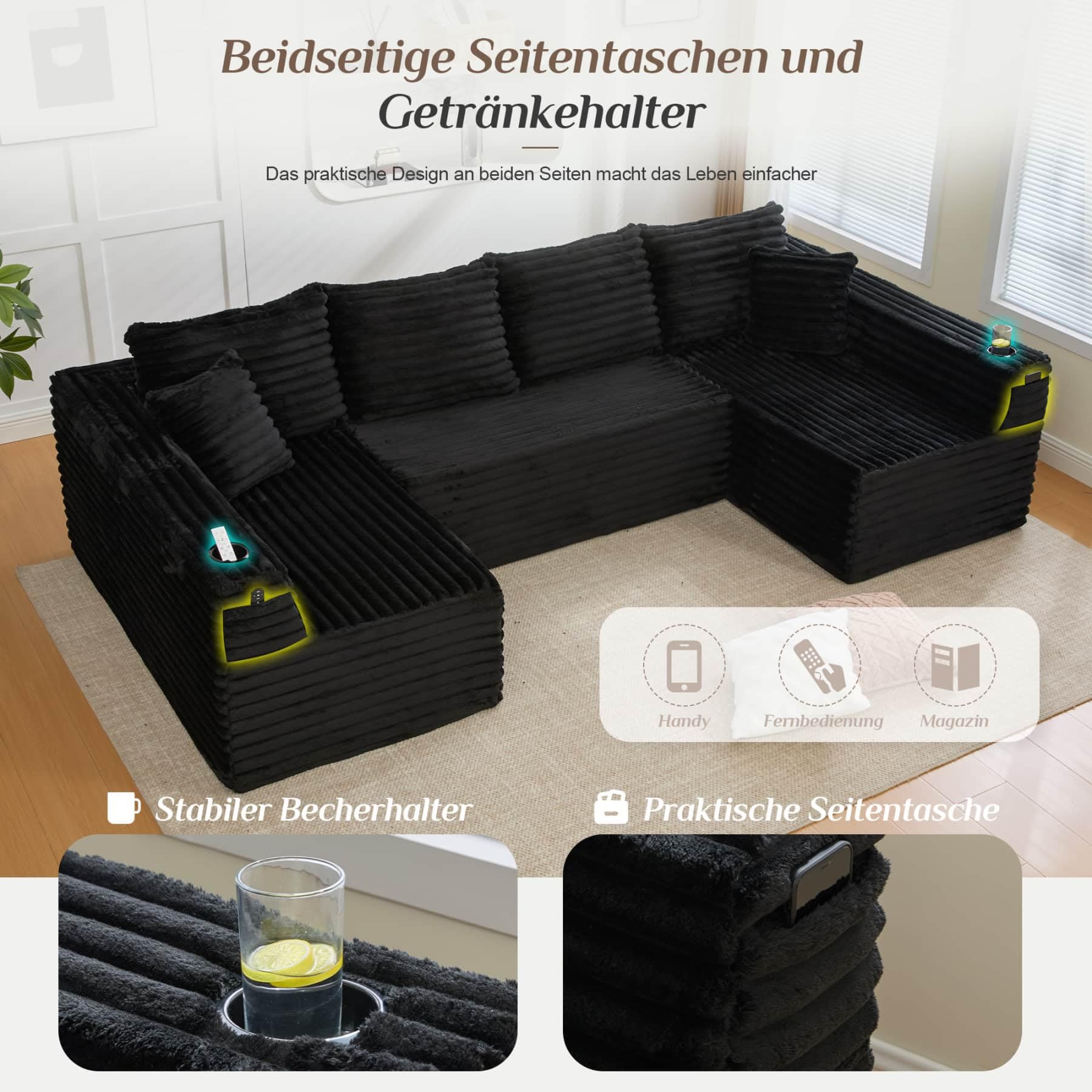 YEHTOKHOME Sofá moderno de pana en forma de U con portavasos y bolsillos laterales, sofá modular con 4 cojines de respaldo y 2 cojines decorativos, para salón (Negro)