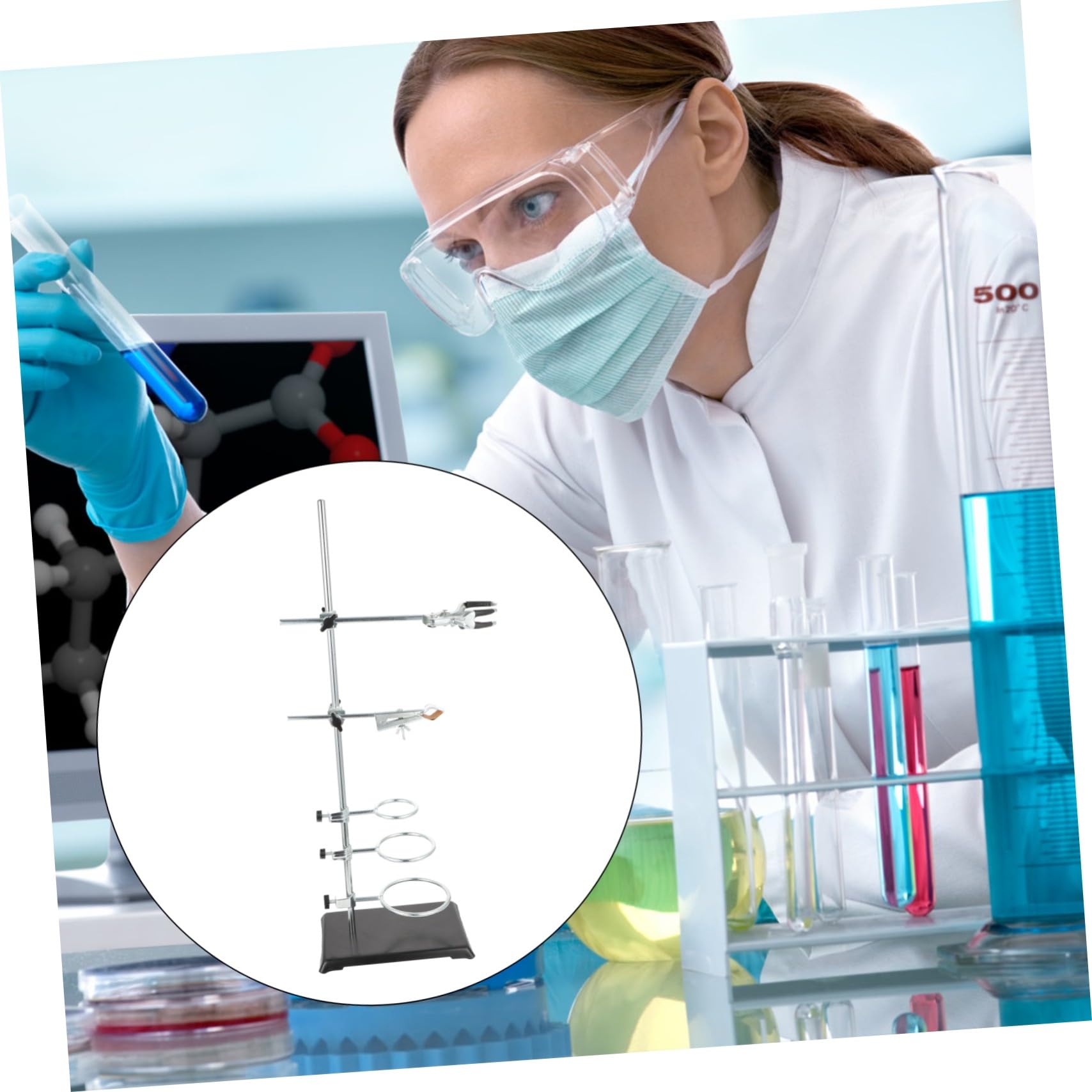 Laborstativ aus Eisen 60cm mit Fester Stützstange und 6 Verschiedenen Halterungen für Chemie Bausatz und Platzsparende Aufbewahrung im Labor