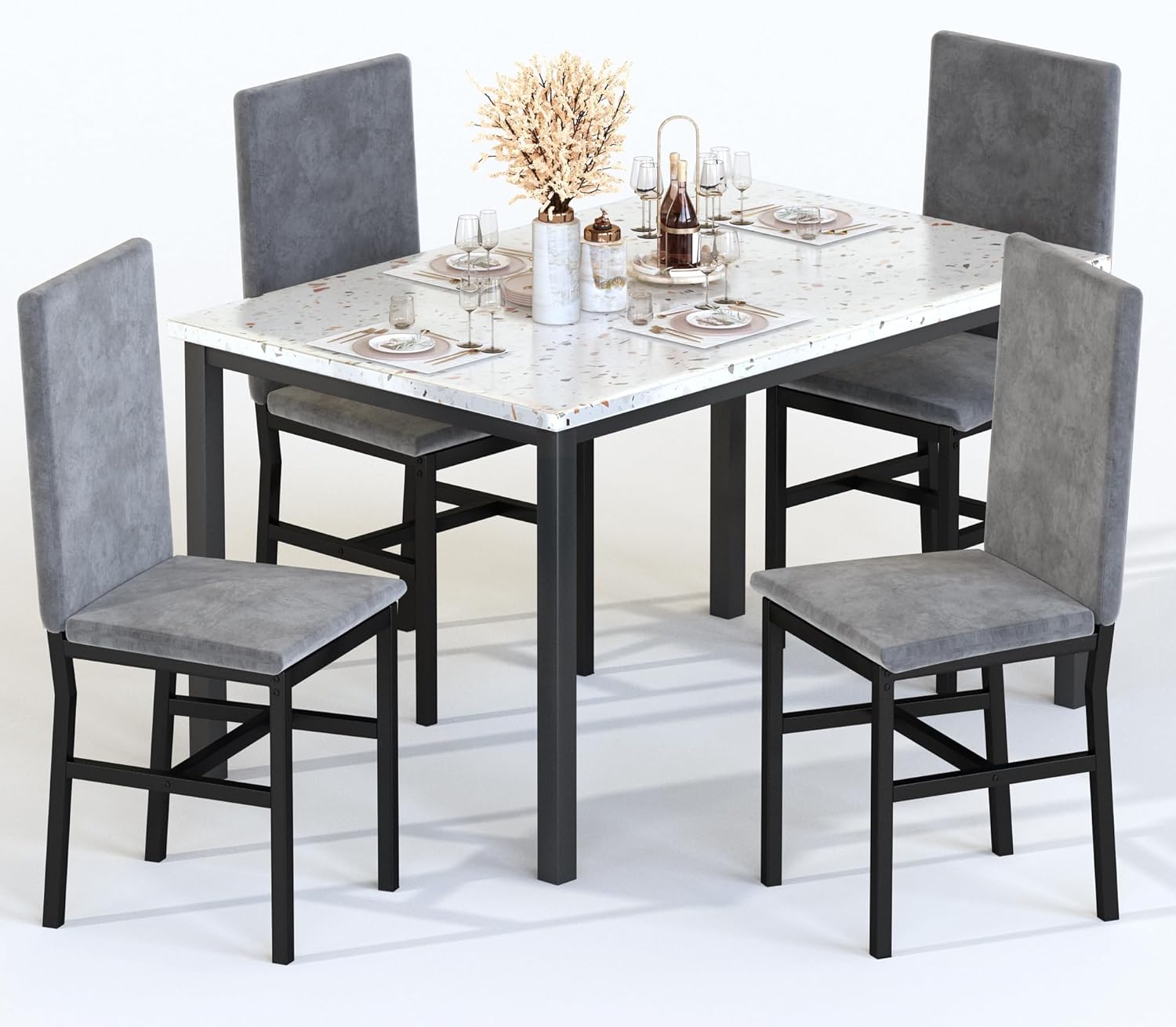 AWQM 5 Piece Dining Table Set for 4,Faux Marble Kitchen Table and Chairs for 4, Modern Dining Room Table with 4 Chairs,Dinner Table Set for Small Spaces, Grey