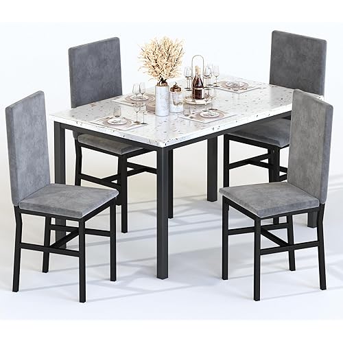 AWQM 5 Piece Dining Table Set for 4,Faux Marble Kitchen Table and Chairs for 4, Modern Dining Room Table with 4 Chairs,Dinner Table Set for Small Spaces, Grey