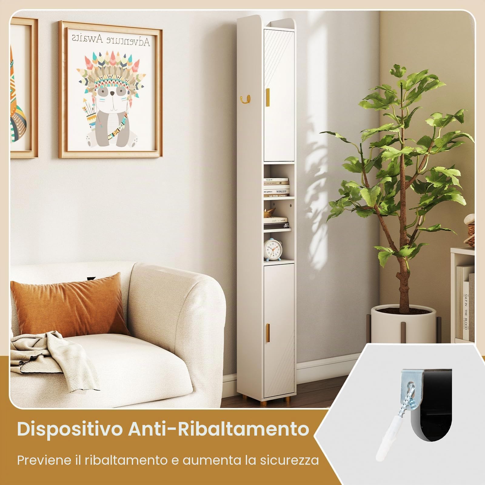 FANTASK Armadio alto sottile con ripiani regolabili, porta carta igienica e ganci laterali, per cucina e bagno, 20 x 20 x 179 cm (bianco)