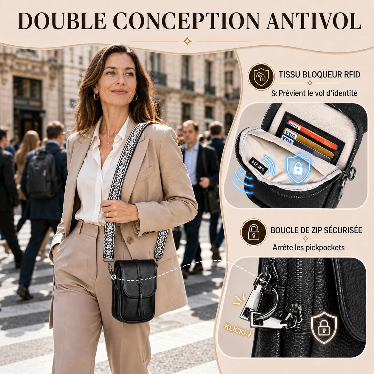 Sac Bandoulière Femme Cuir Véritable avec Protection RFID, Pochette Téléphone Portable Antivol & Élégant — Livré avec Deux Bandoulières